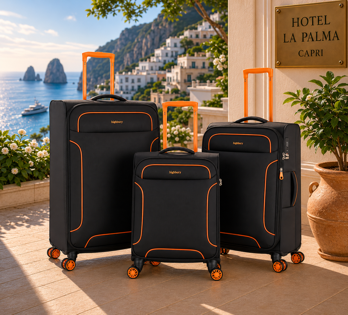 Family luggage and travel essentials packed for a Christmas winter holiday