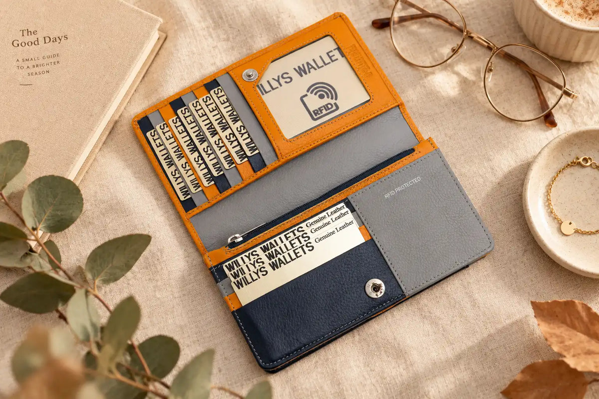 Orange RFID leather purse with grey and navy card compartments