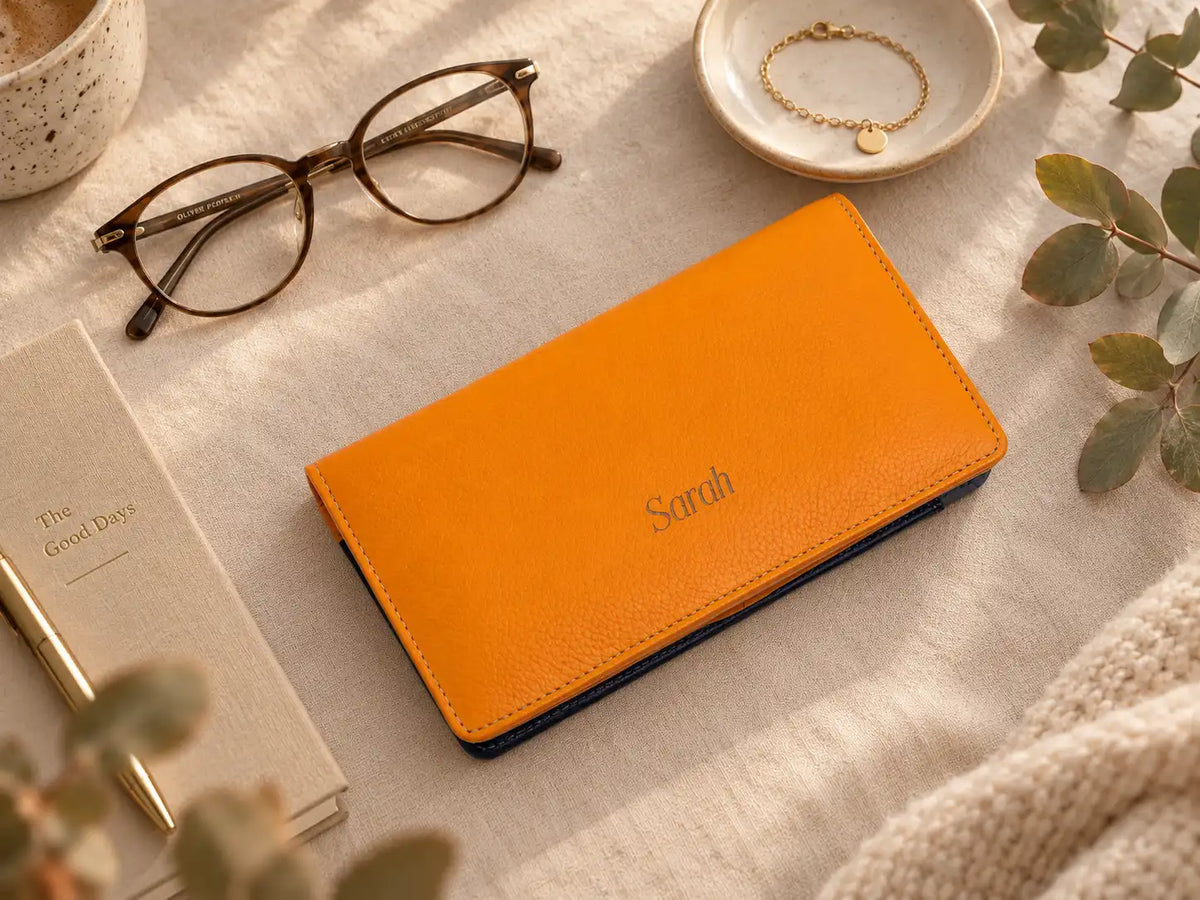 Personalised orange leather purse for women with engraved name