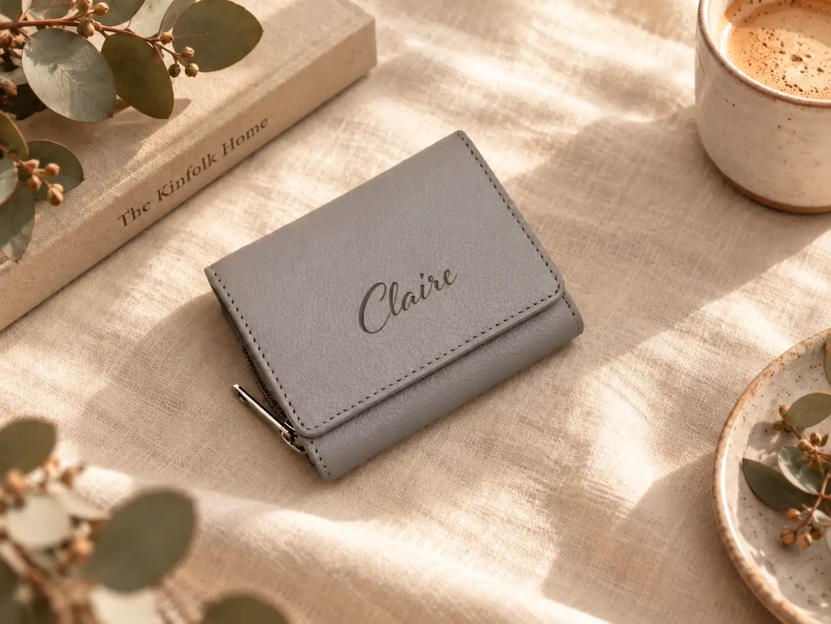 Personalised grey leather wallet with custom name engraving