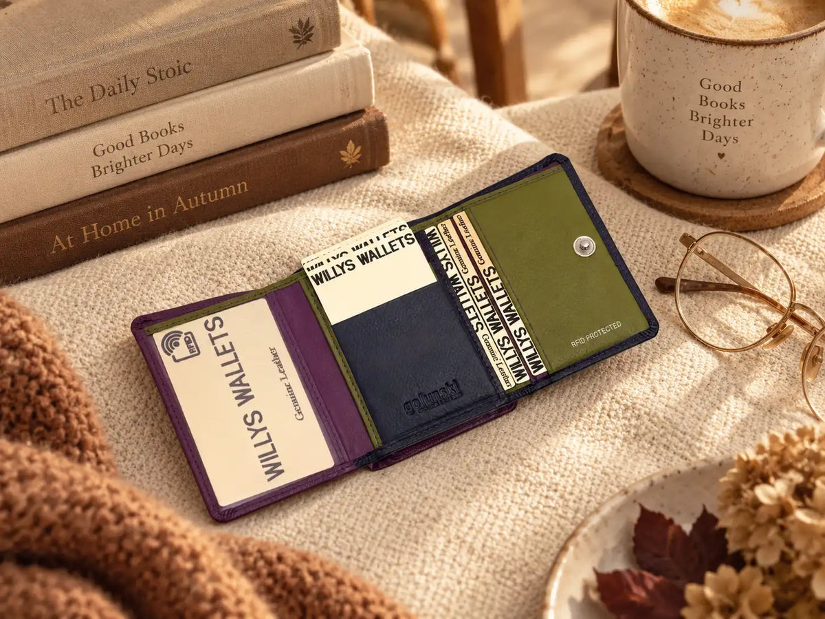 Personalised Navy Leather Purse for Women | Compact RFID Wallet