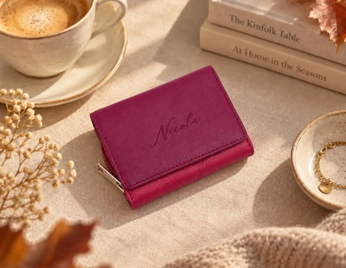 Personalised purple leather purse for women engraved with Nicola