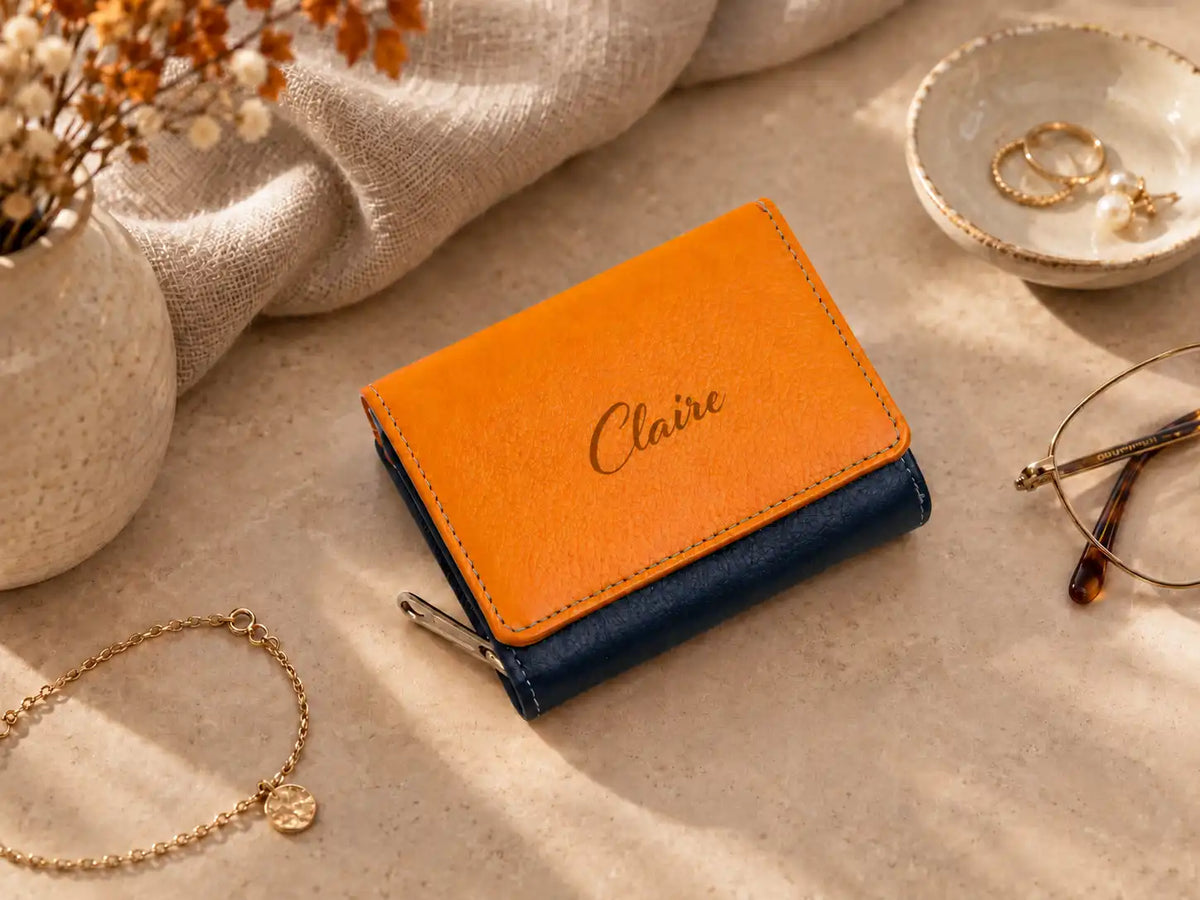Personalised Orange Leather Purse for Women | Compact RFID Wallet