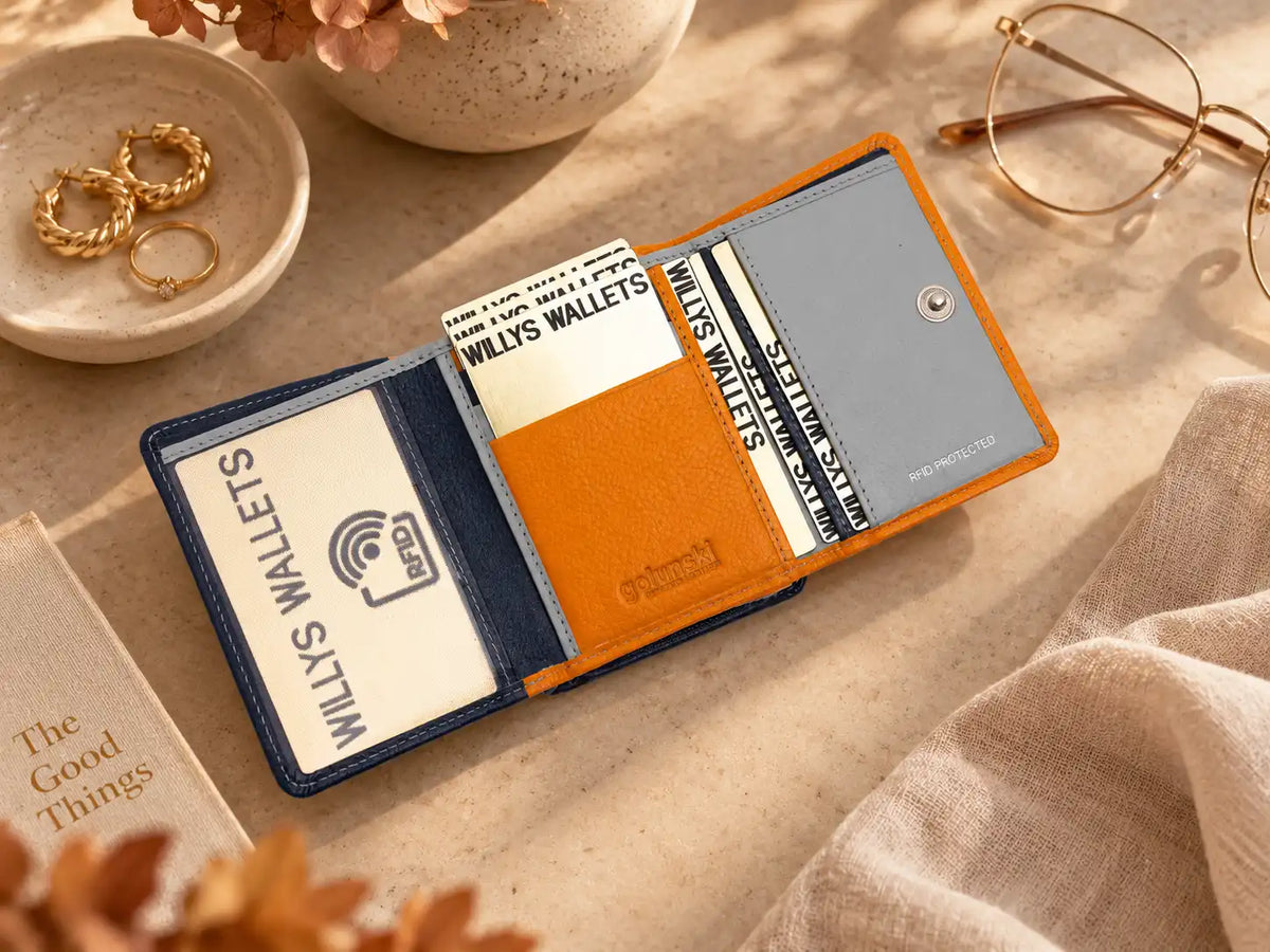 Compact orange RFID leather purse with grey and navy card compartments