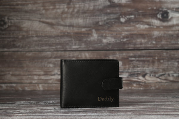 Personalised Engraved Black Bifold Leather Wallet With Coin Pocket