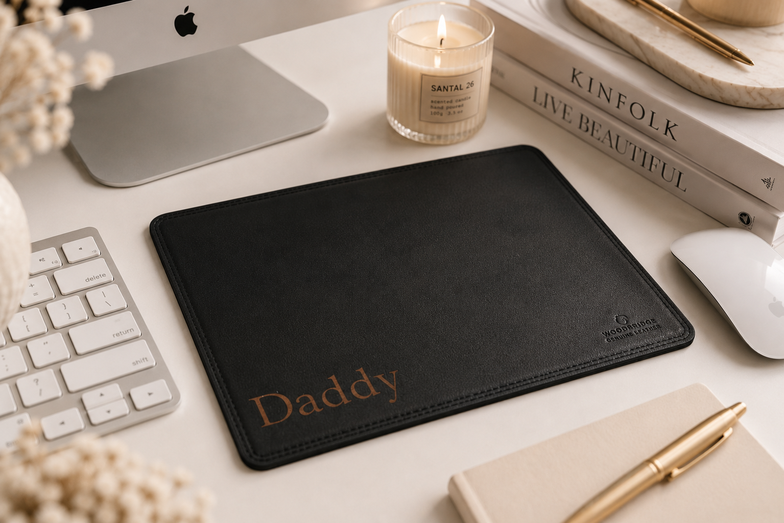 Personalised Black Leather Mouse Mat – Engraved Desk Pad for Office or Gift