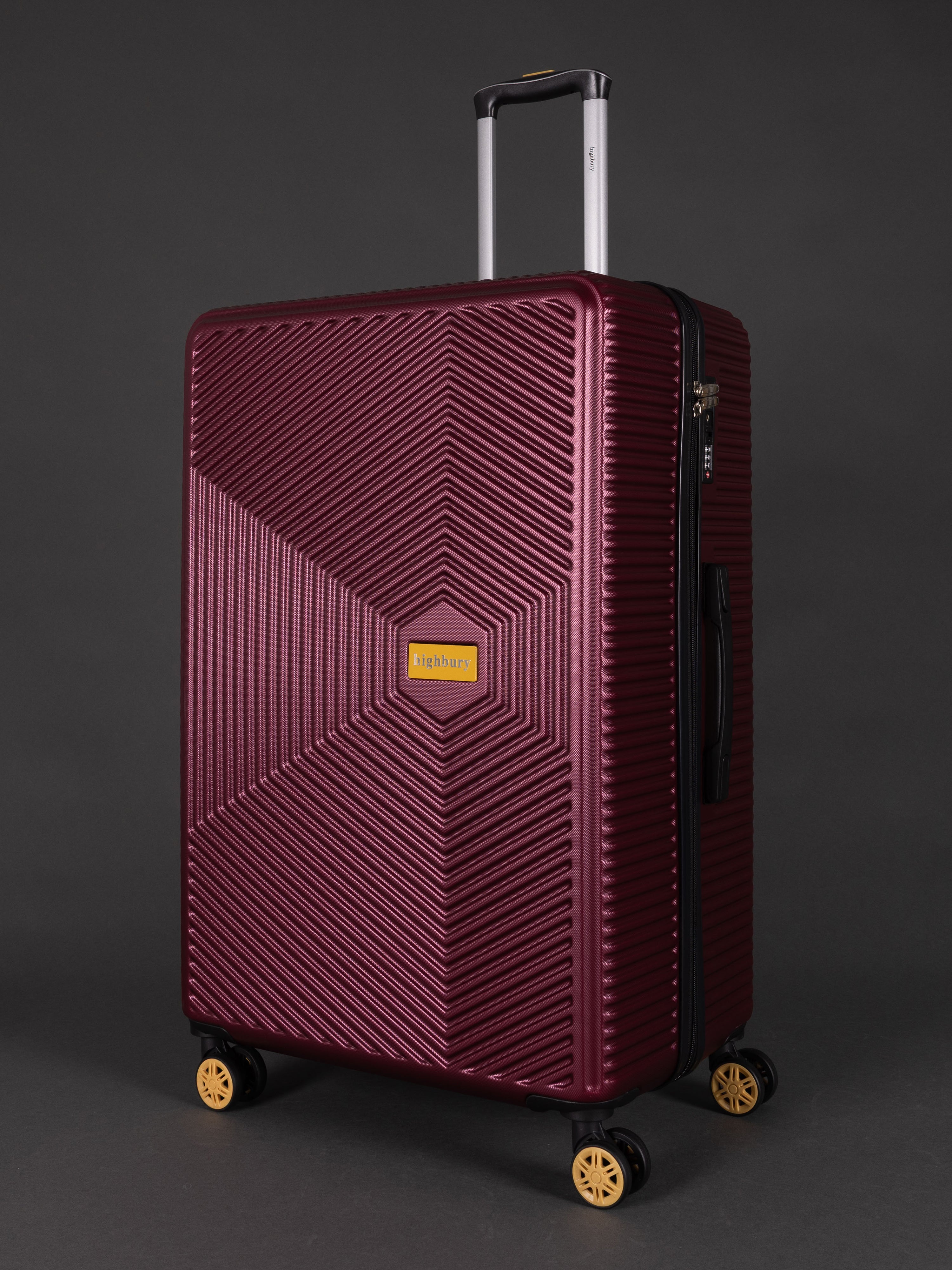 "29 inch large burgundy suitcase with 8 wheels"