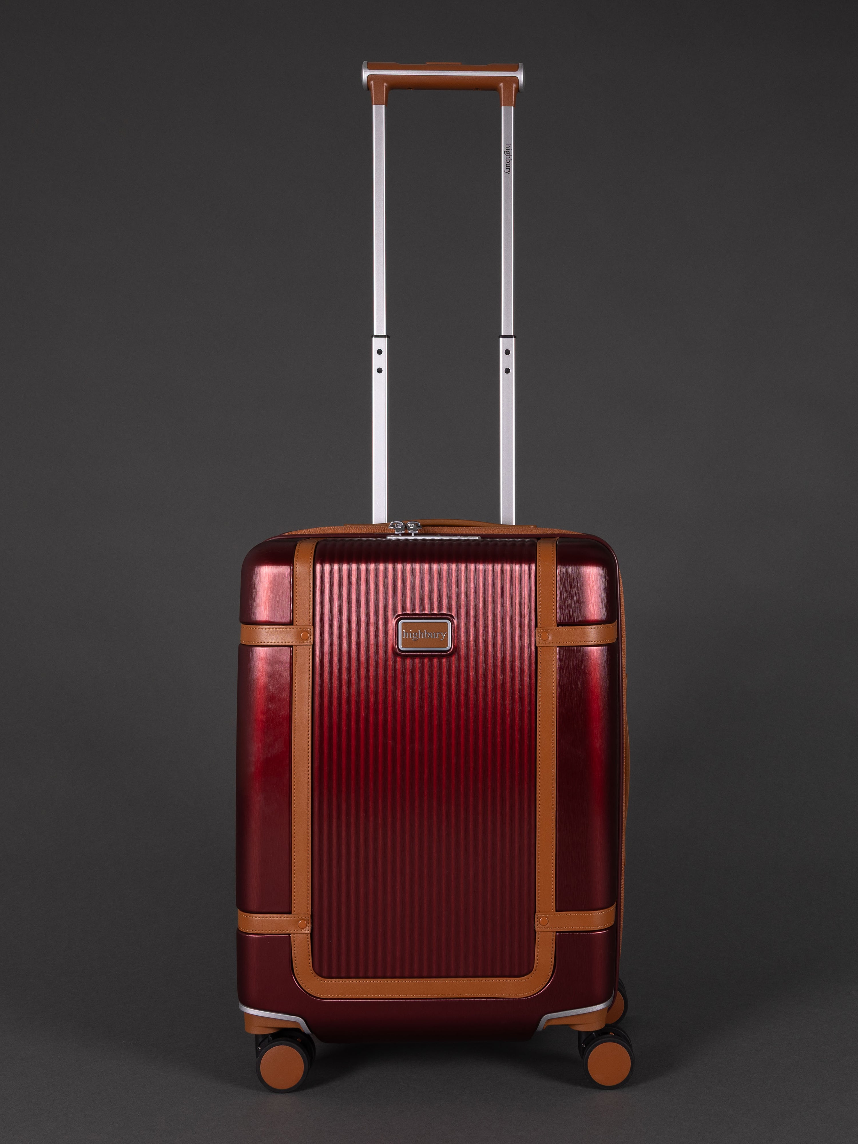 "20 inch burgundy cabin suitcase with TSA lock and spinner wheels"