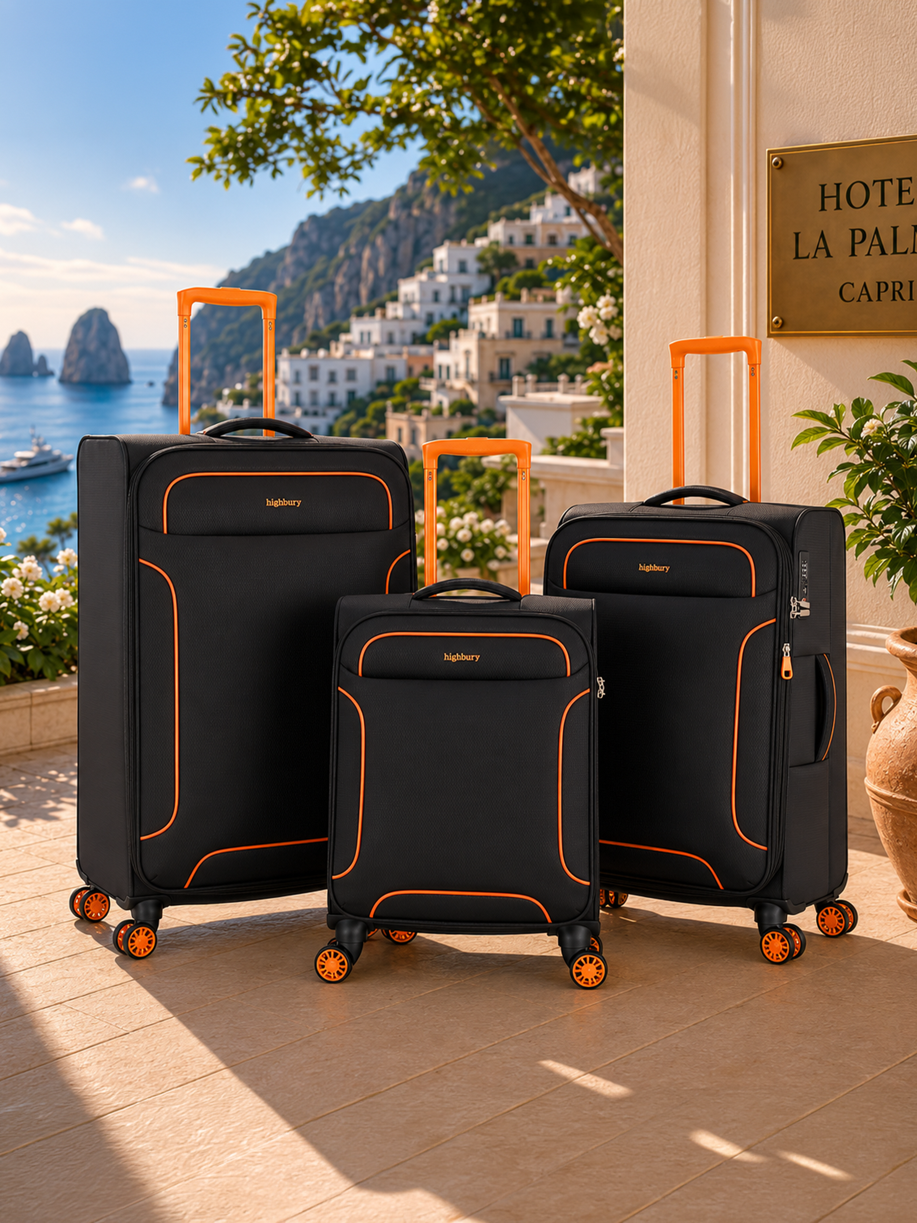 Travel with ease using the Highbury Softside Luggage Set. Lightweight polyester suitcases with 8 spinner wheels, organised interiors and cabin, medium & large sizes available.