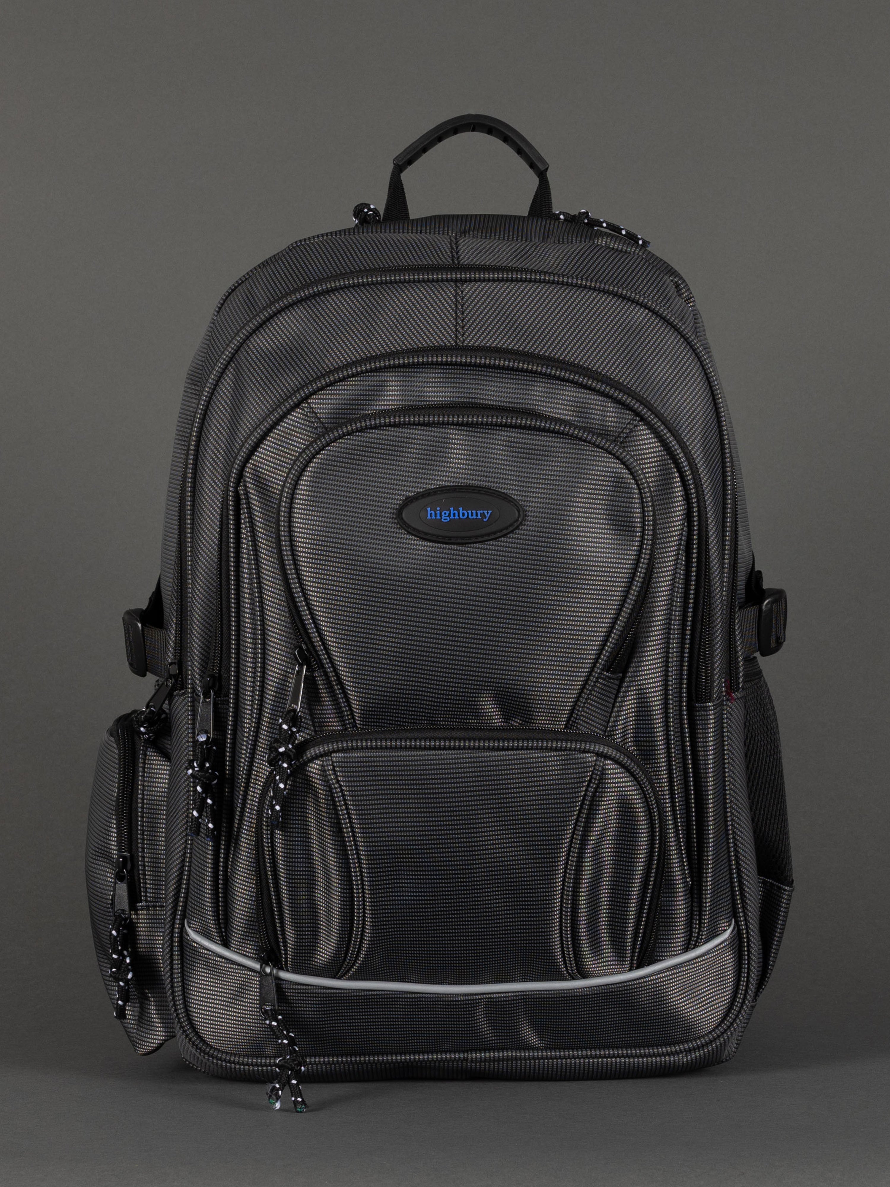 "Highbury 18-inch grey polyester laptop backpack with USB charging port"