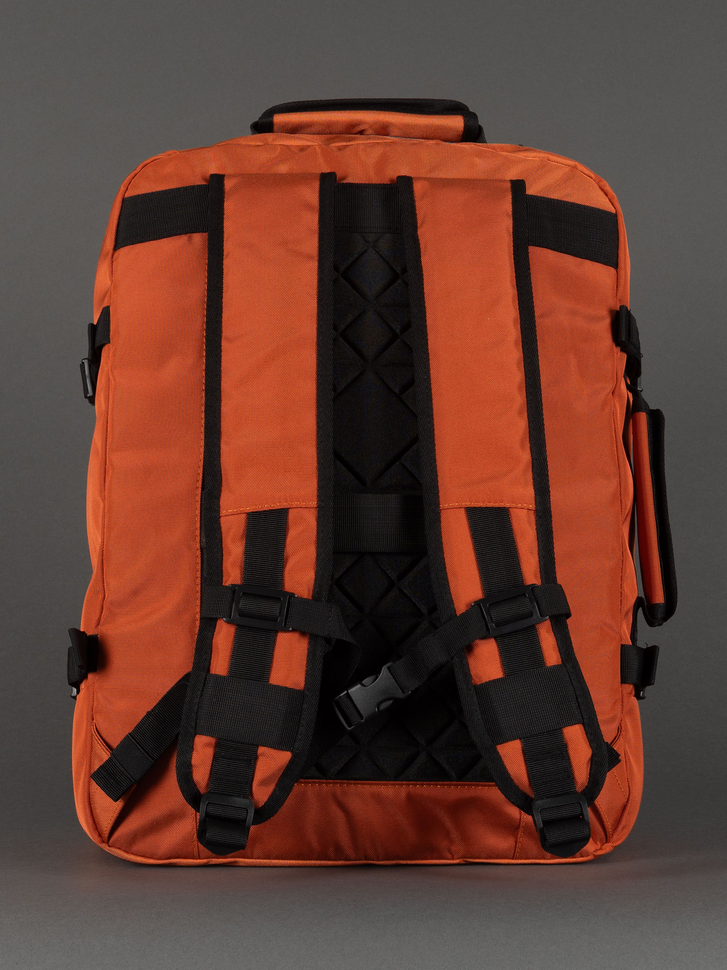 "Water-resistant orange laptop backpack"