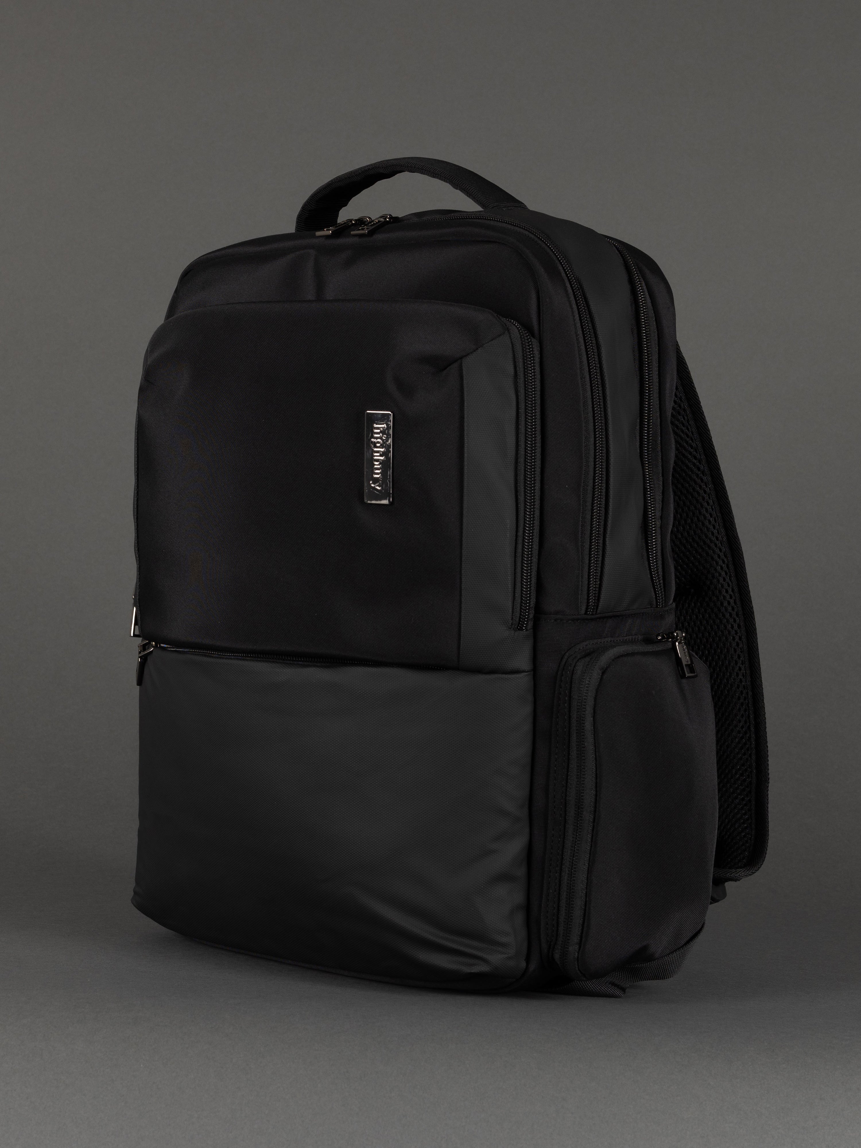 "Black laptop backpack with padded compartment for work and school"
