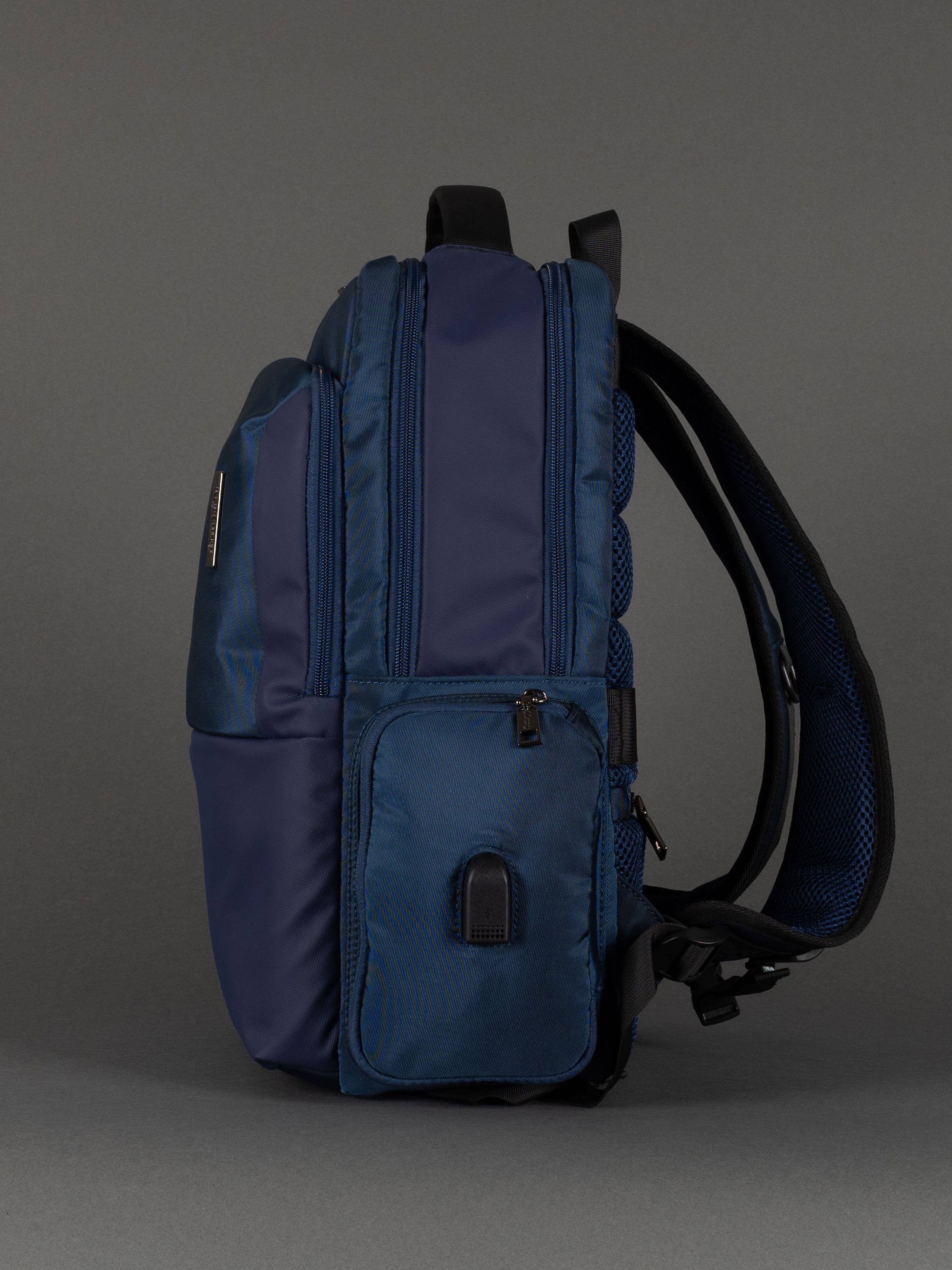 "Navy laptop backpack with padded compartment for business and school"