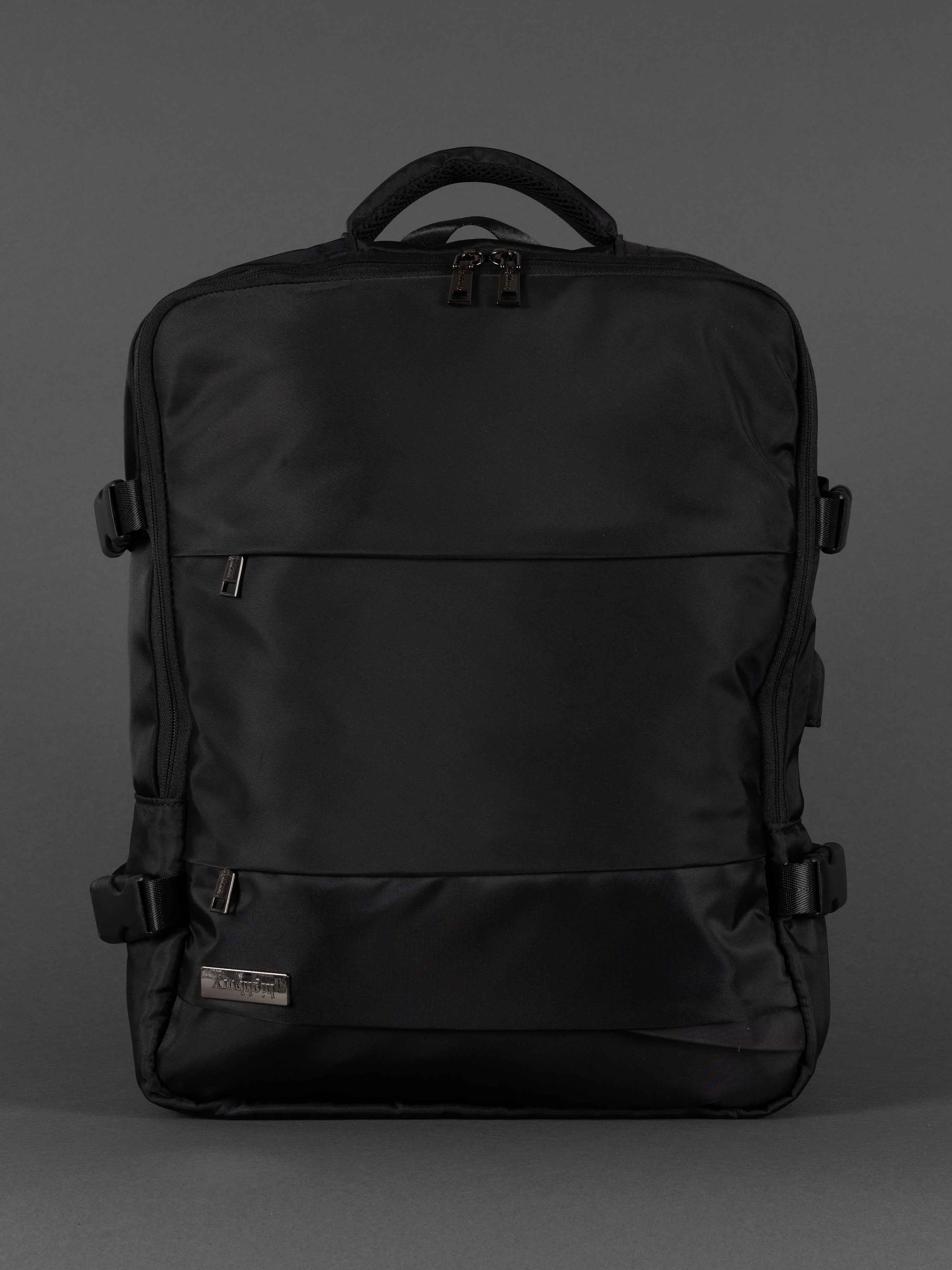 "Expandable black laptop rucksack with padded compartment"