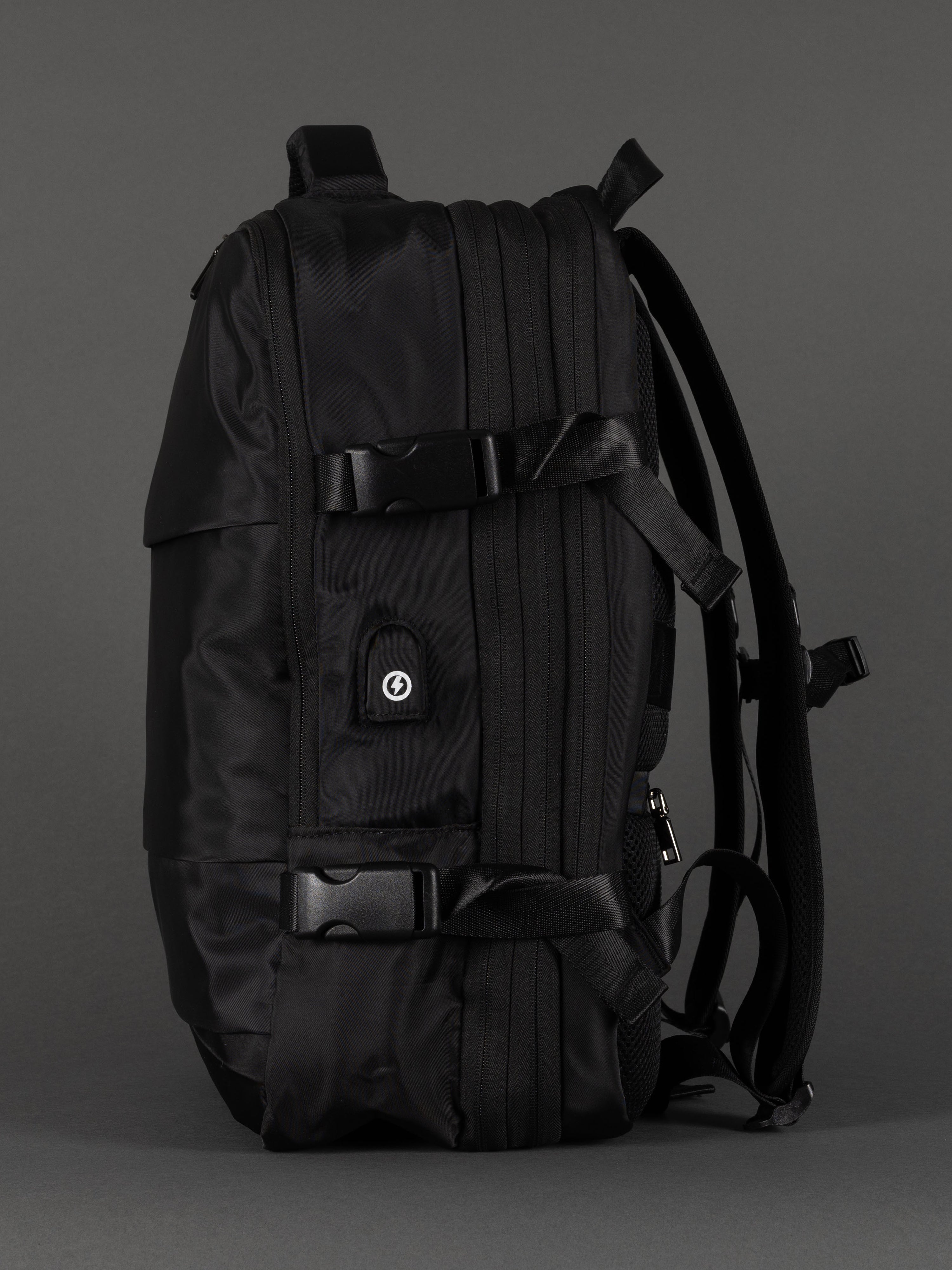 "Highbury 18-inch black travel backpack with USB port – expanded view"