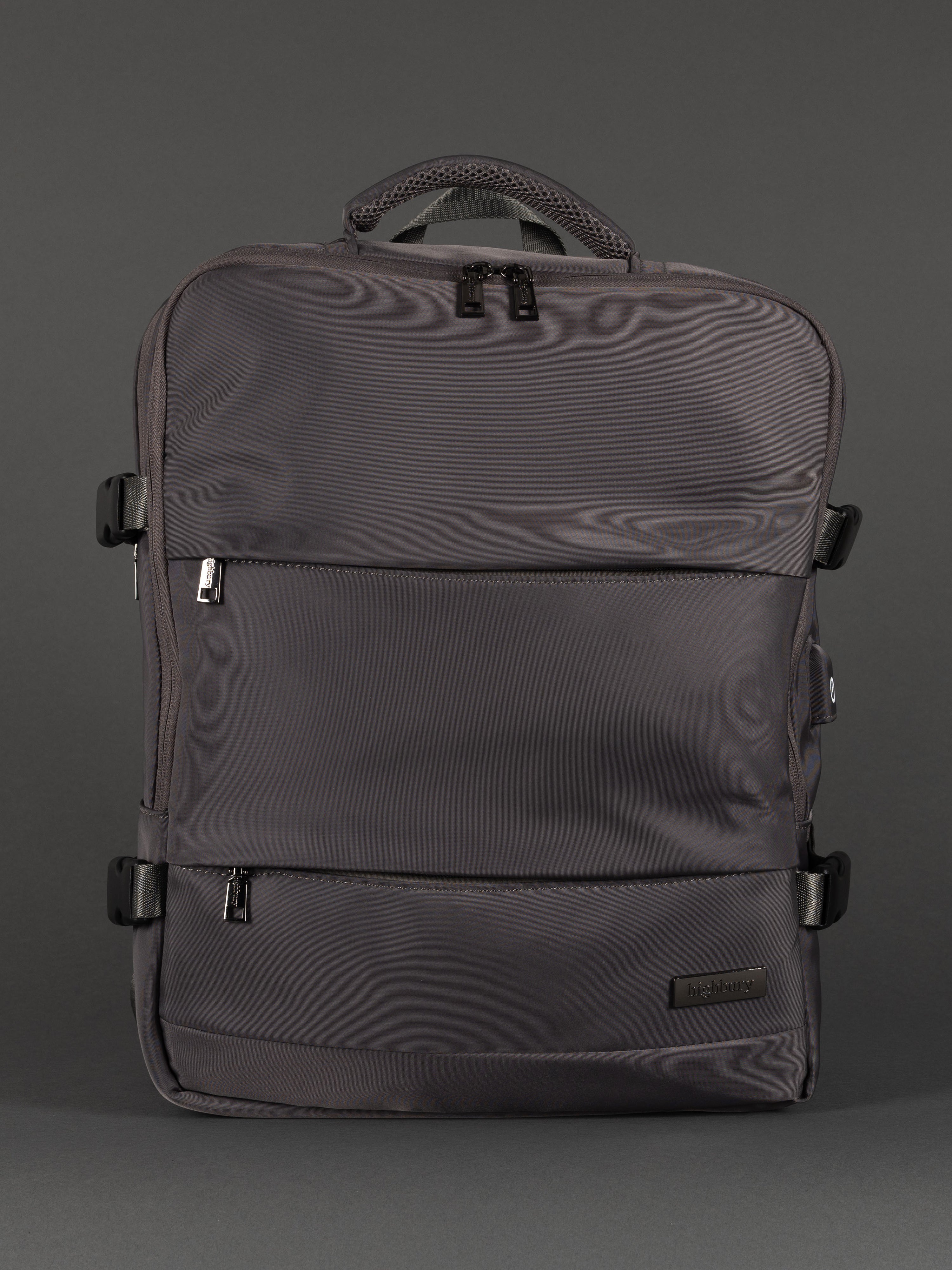 "Expandable grey laptop rucksack with padded laptop compartment"