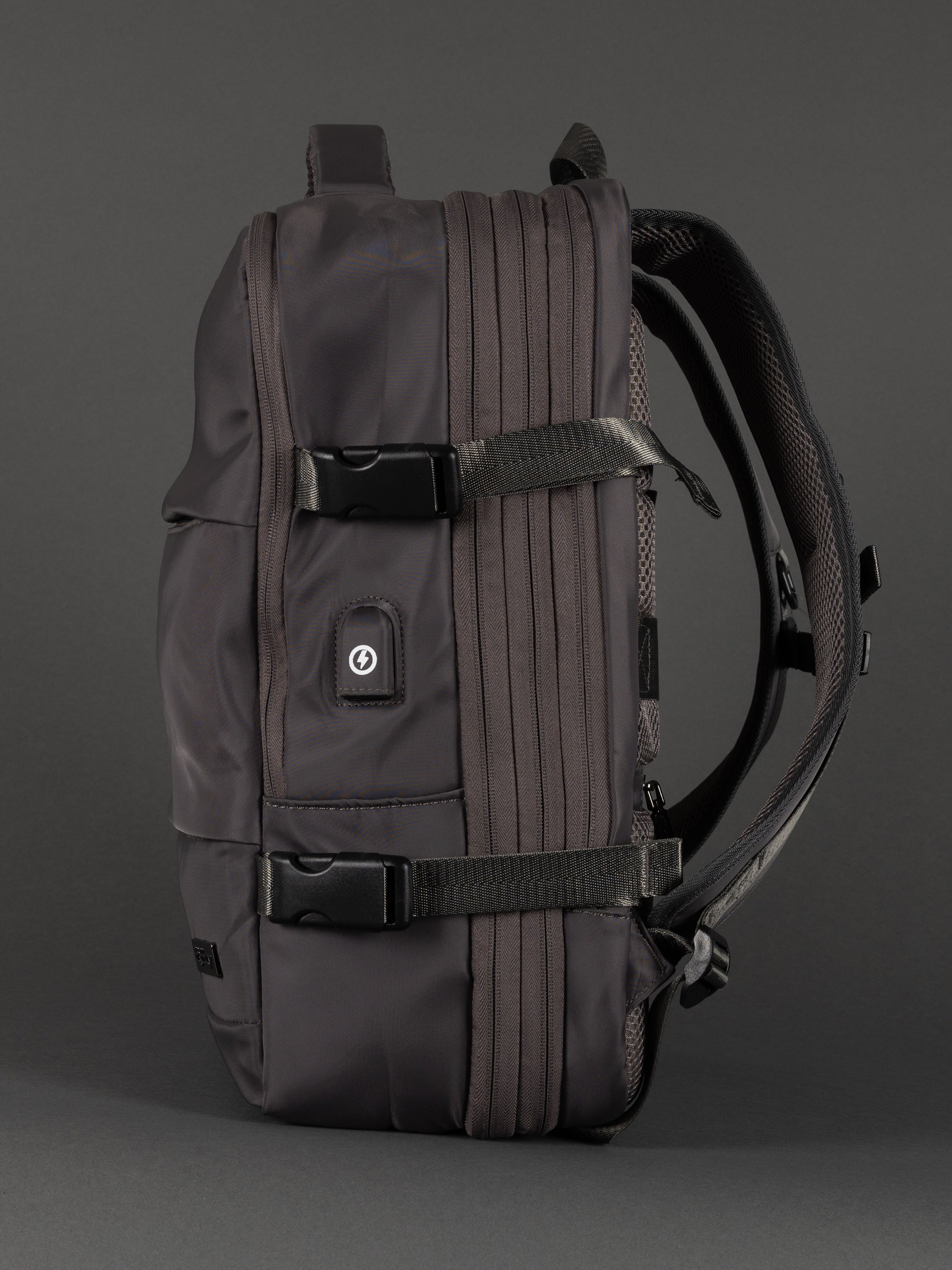 "Highbury 18-inch grey travel backpack with USB port – expanded view"