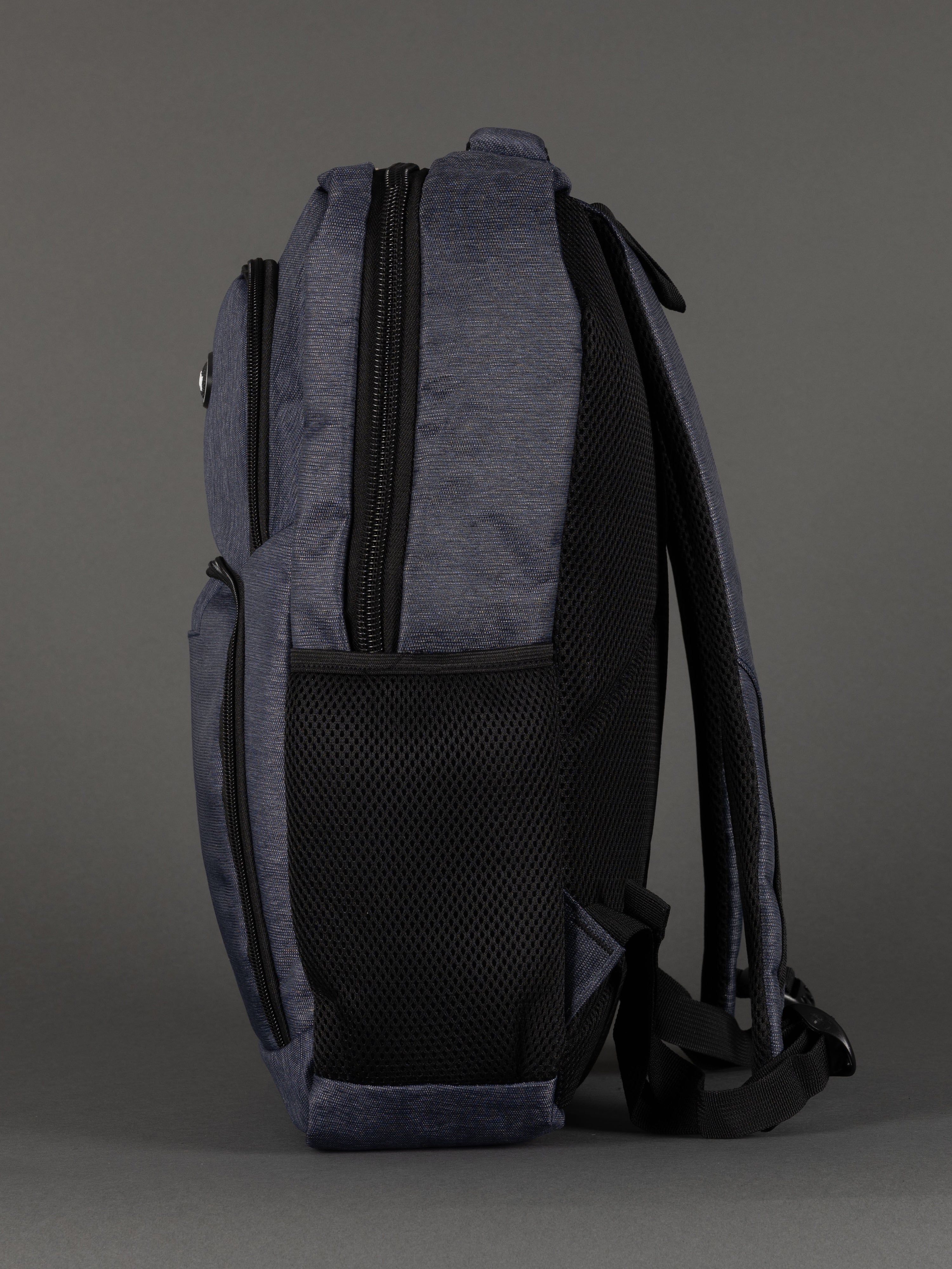 "Navy laptop backpack with padded compartment for work and school"