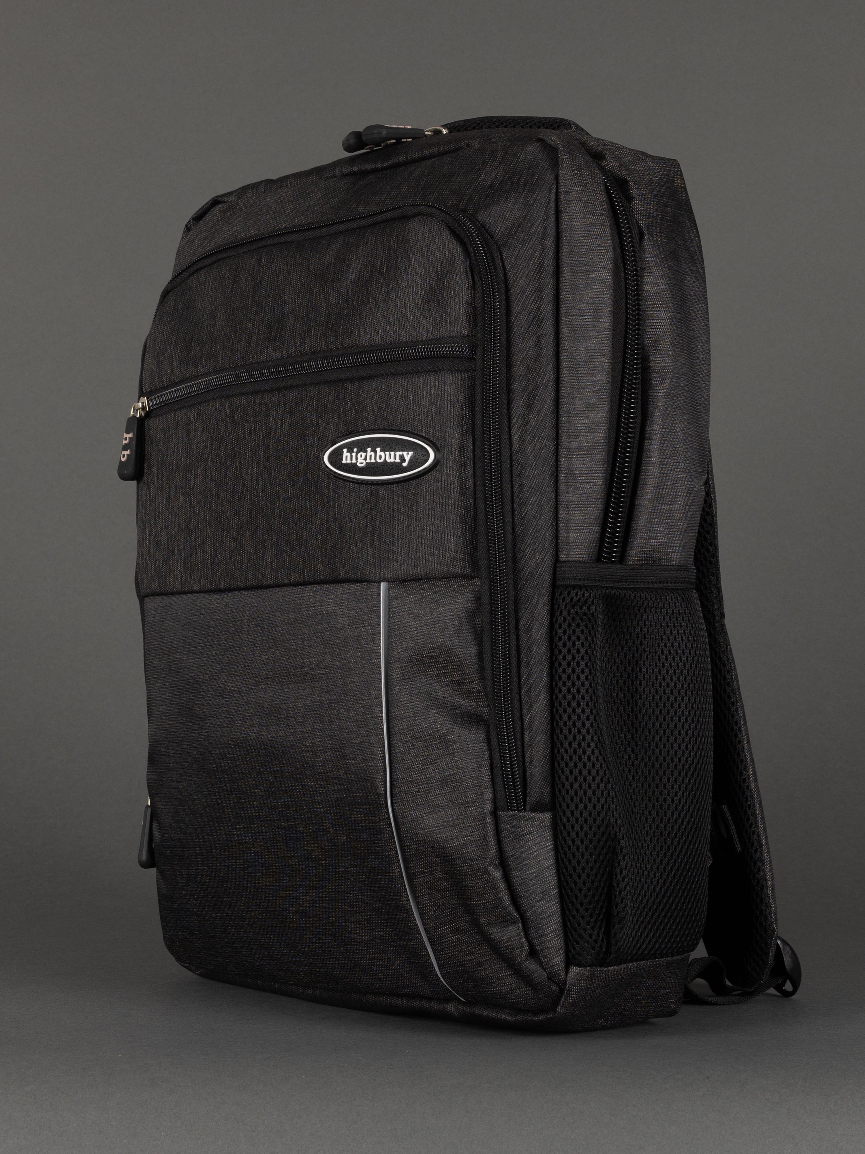 "Dark grey laptop backpack with padded section for school and work"