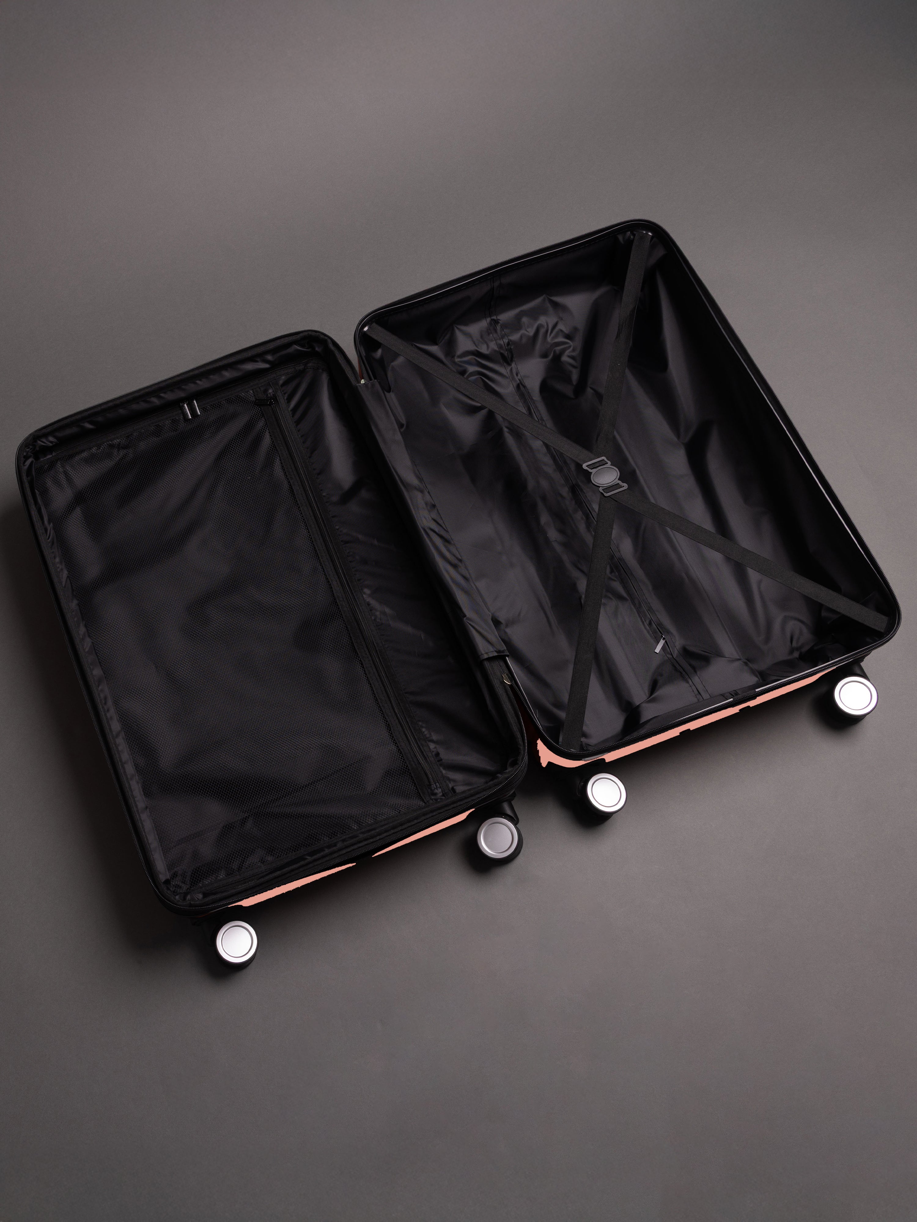 “Interior view of BEOW expandable suitcase with spacious compartments and elastic straps”