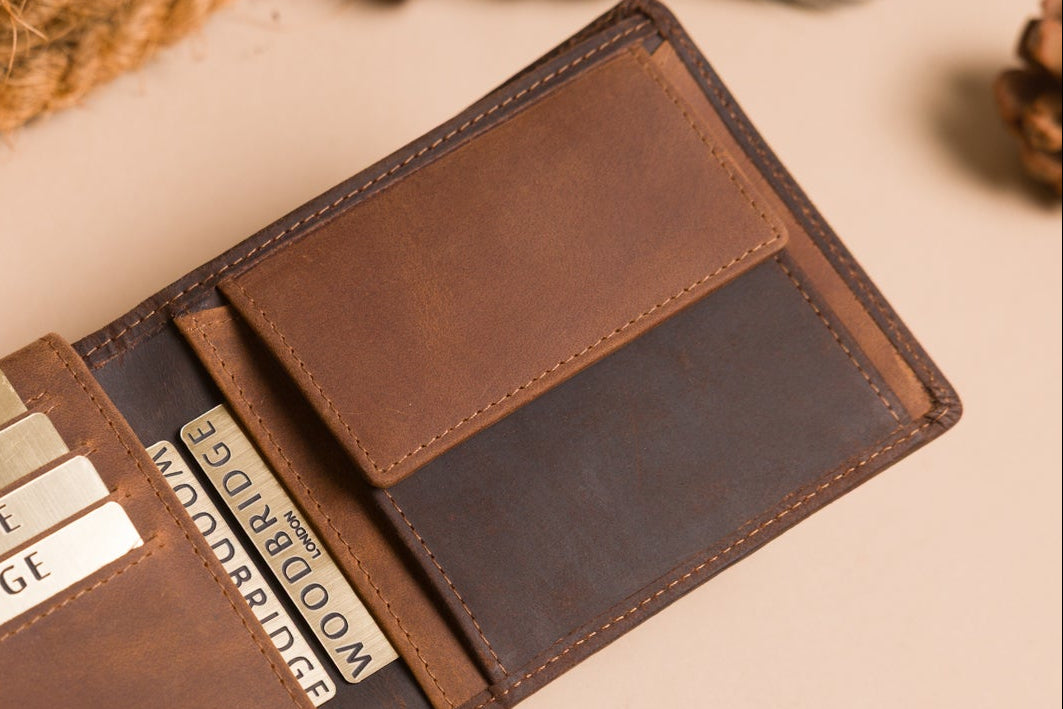 "Genuine cowhide wallet with warm brown interior"