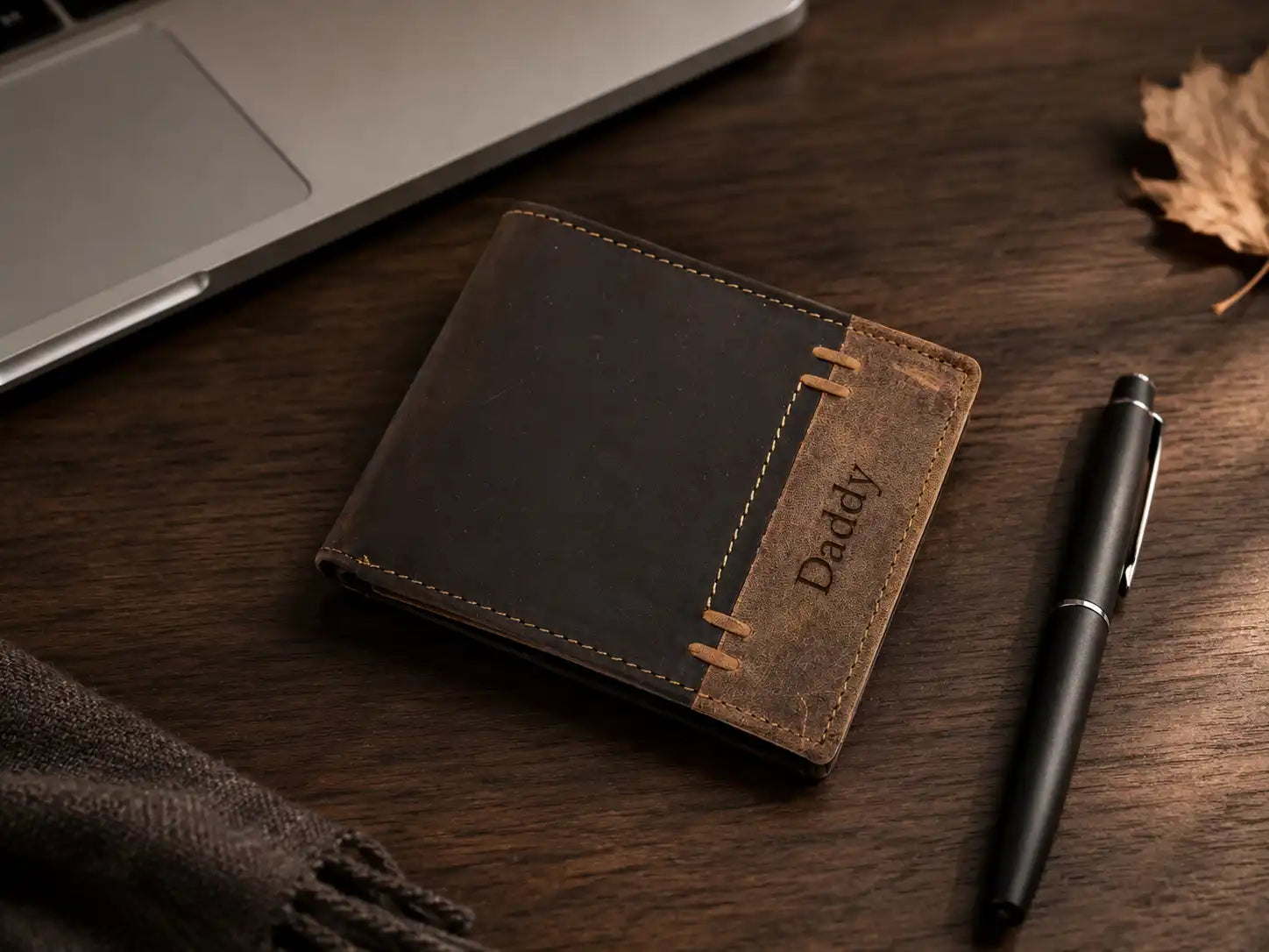 Personalised Brown & Cognac Leather Wallet – Bifold with Coin Pocket