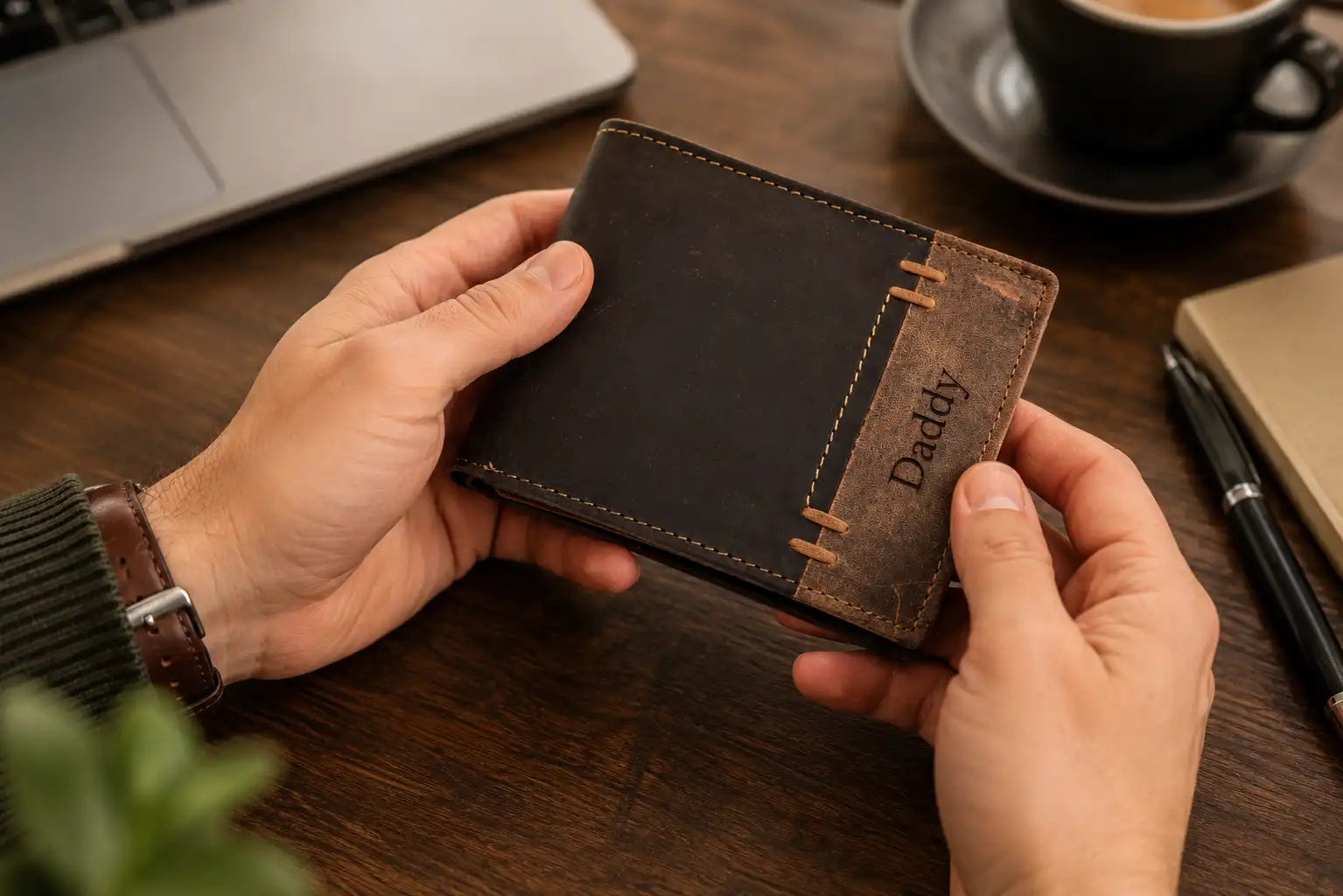 Personalised Brown & Cognac Leather Wallet – Bifold with Coin Pocket