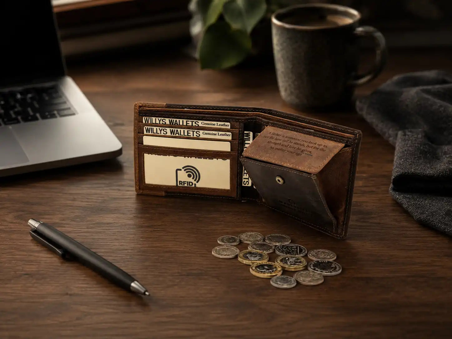 Personalised Brown & Cognac Leather Wallet – Men’s Bifold with Coin Pocket