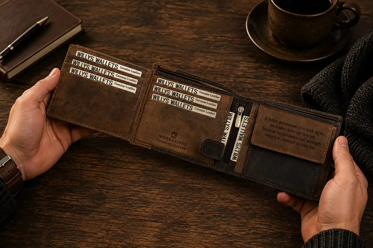 Personalised High-Capacity Brown & Cognac Leather Wallet – Men’s Bifold Design