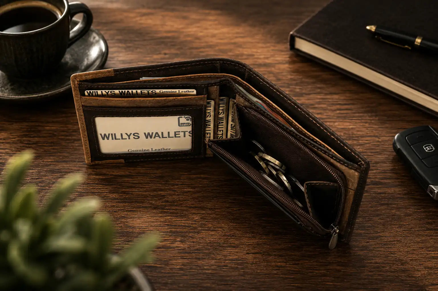 Personalised Brown & Cognac Leather Wallet – Bifold with Zip Coin Pocket