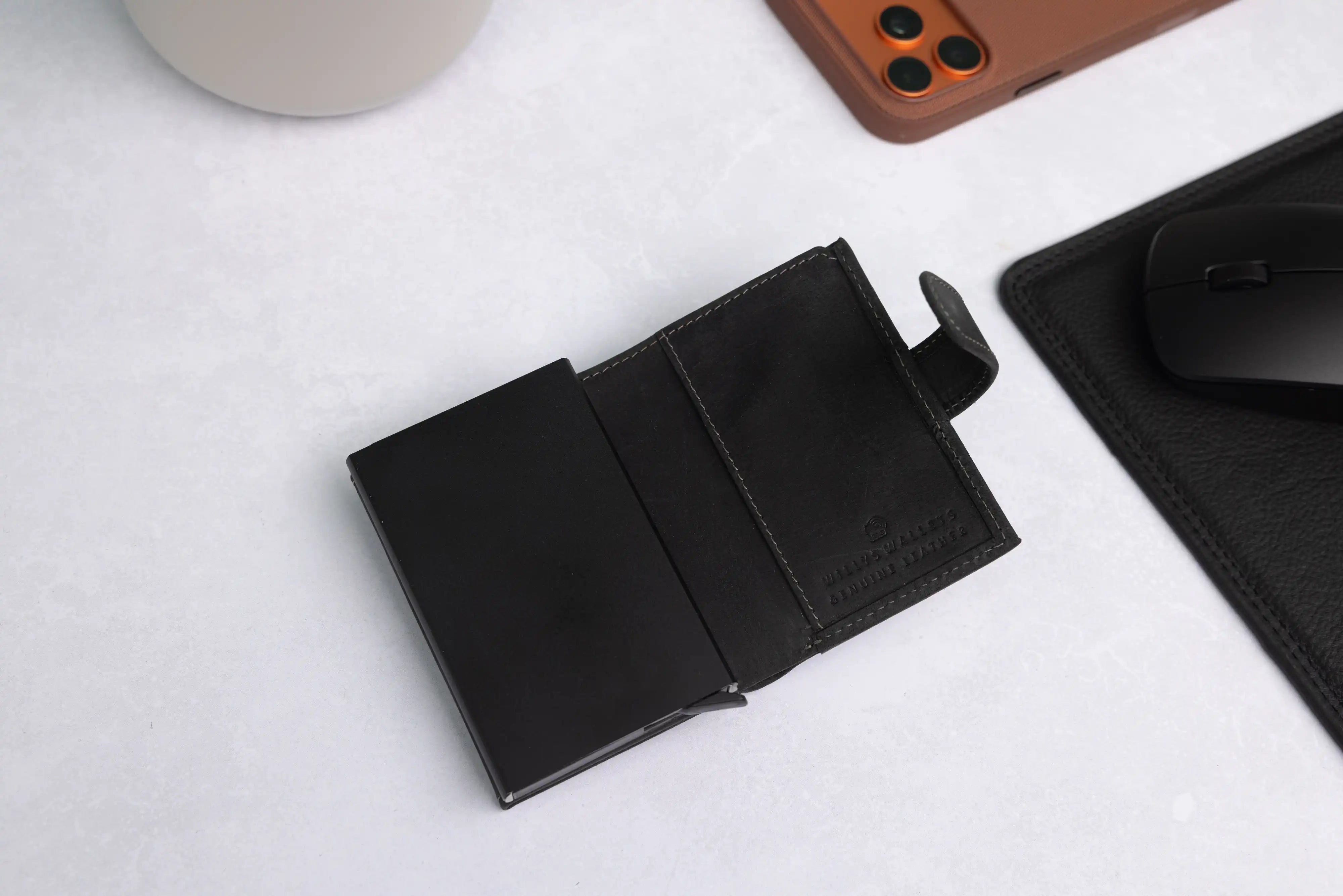 Personalised 6-Card Black Pop-Up Wallet – RFID Secure, Compact & Stylish