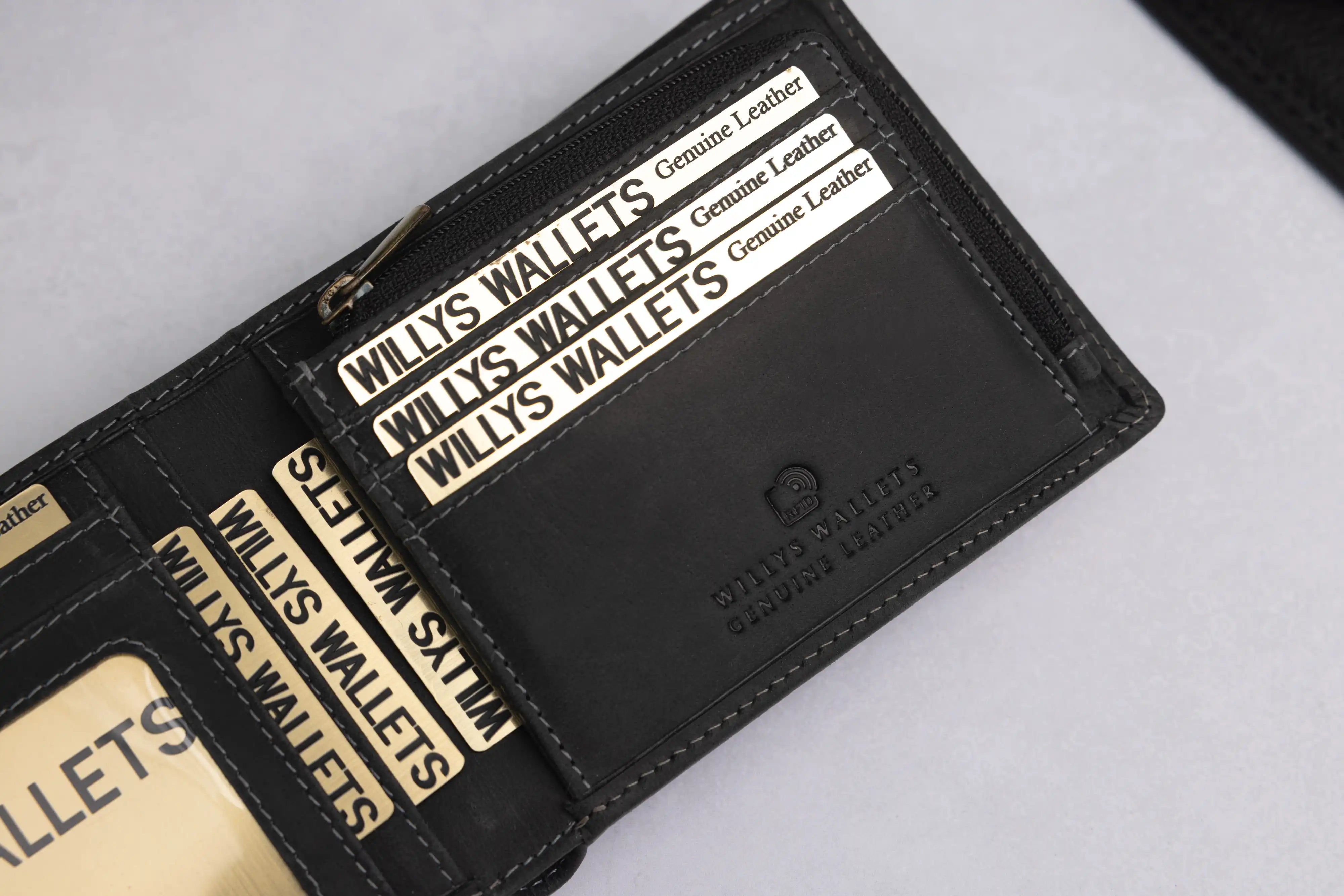 Personalised Black Hunter Leather Wallet – Bifold with Zip Coin Pocket & RFID Protection