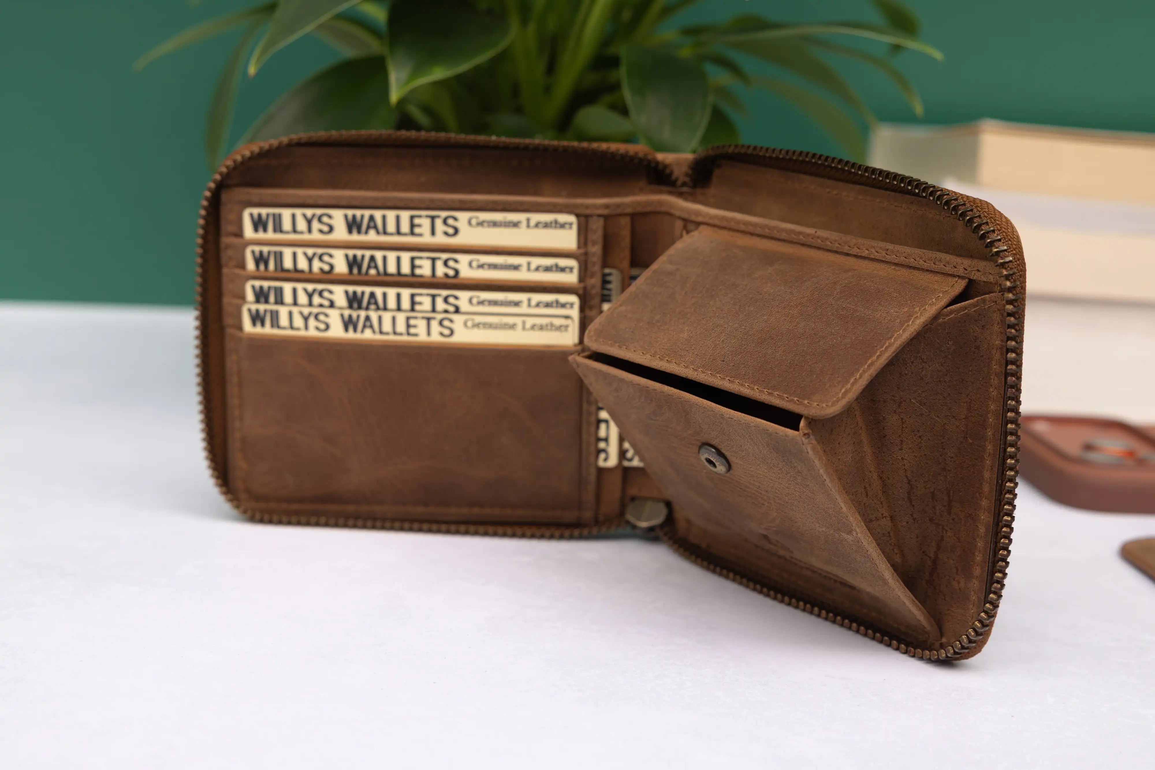 Personalised Rustic Brown Leather Wallet – Bifold Zip-Around RFID Wallet