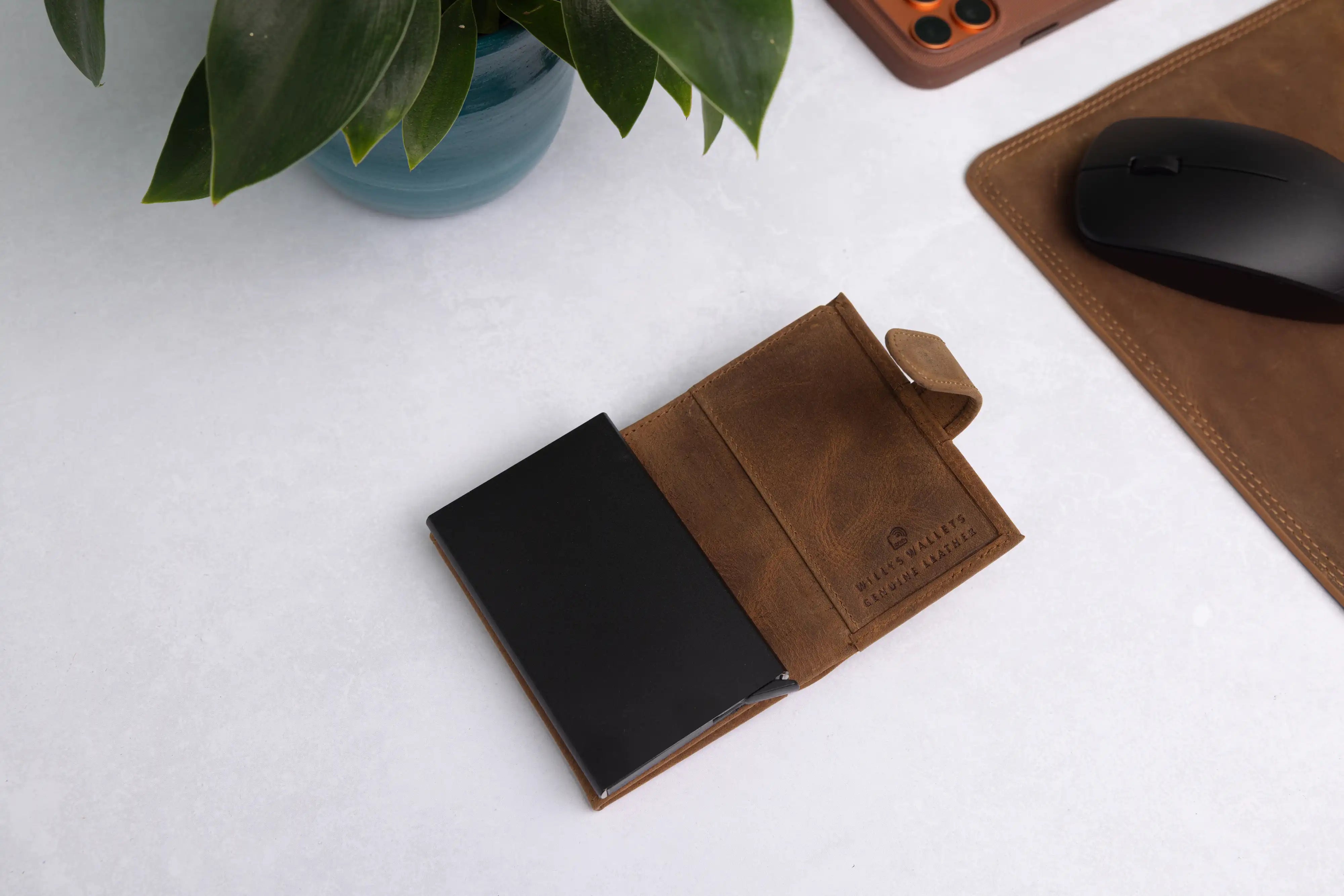 Personalised 6-Card Cognac Pop-Up Wallet – RFID Secure, Compact & Stylish