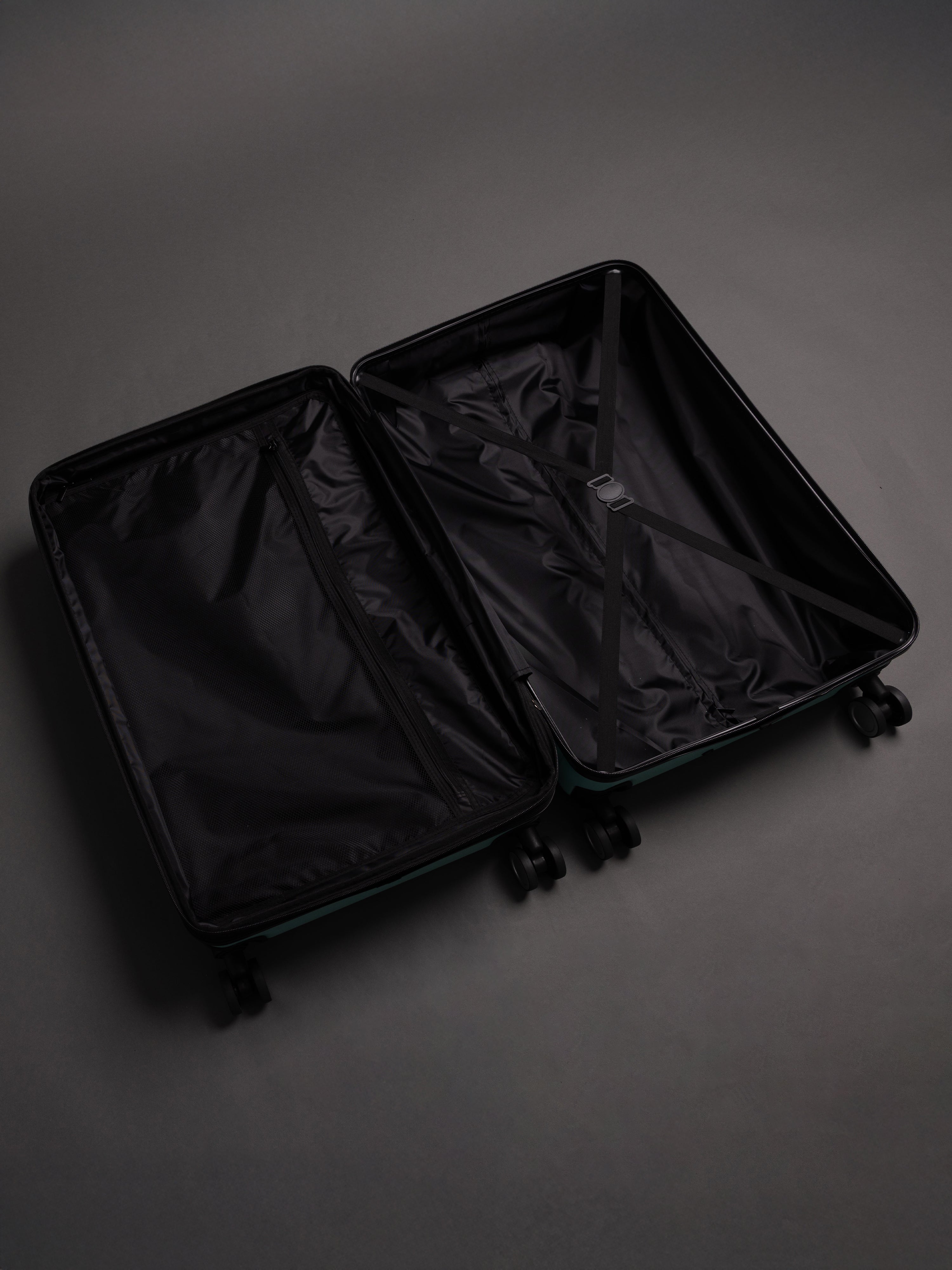 “Interior view of BEOW expandable suitcase with spacious compartments and elastic straps”