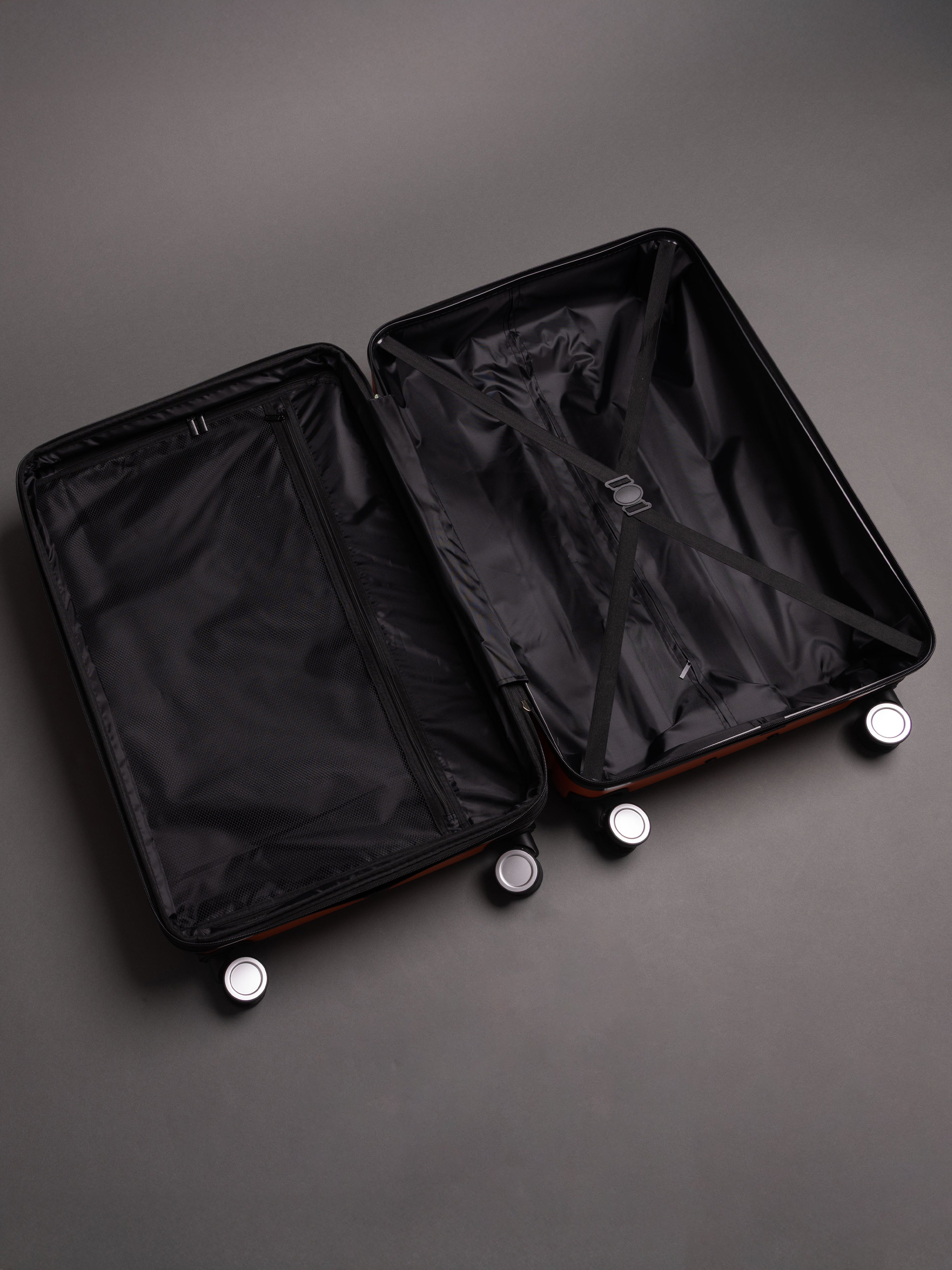 “Interior view of BEOW expandable suitcase with spacious compartments and elastic straps”