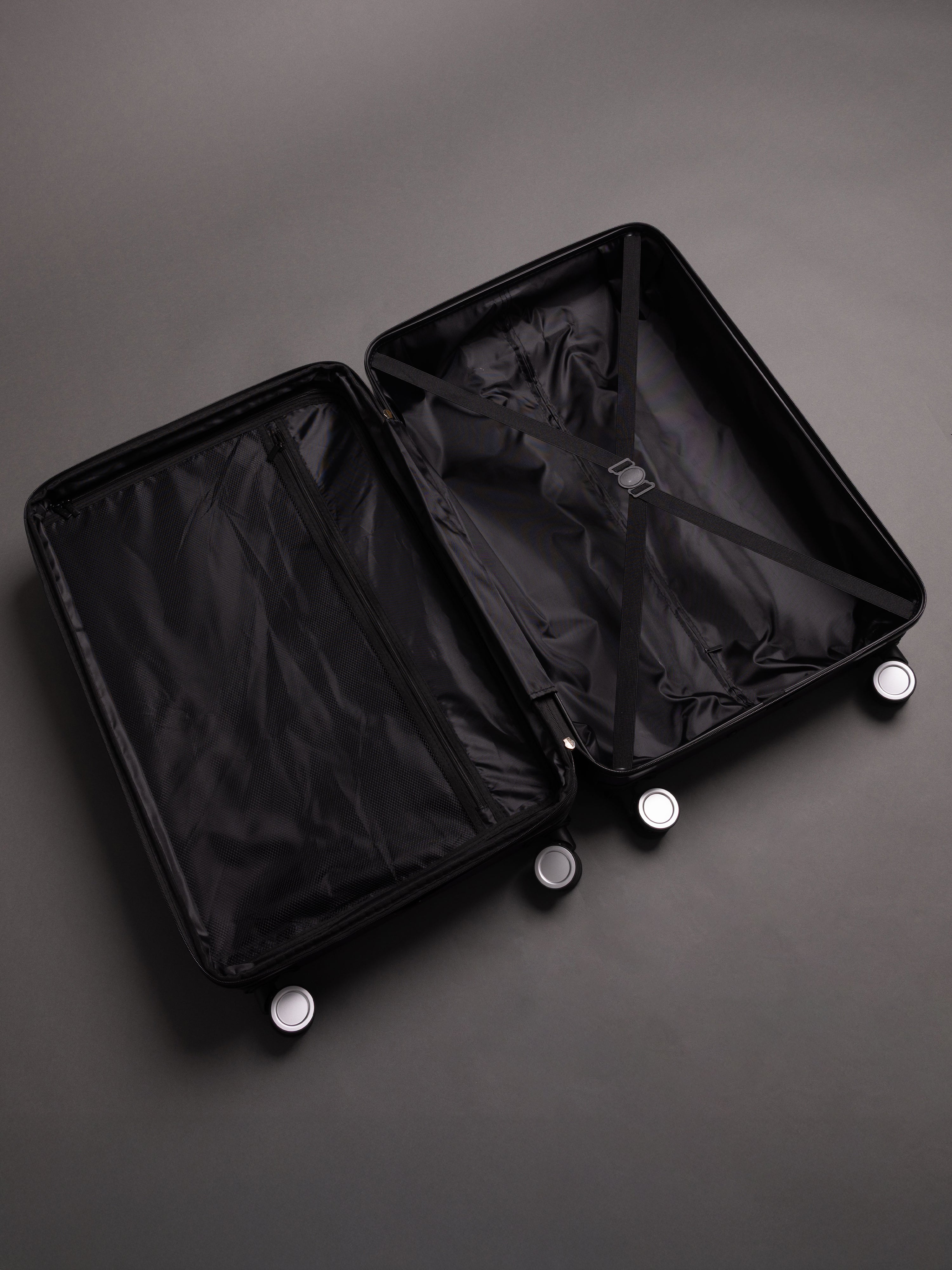 “Interior view of BEOW expandable suitcase with spacious compartments and elastic straps”