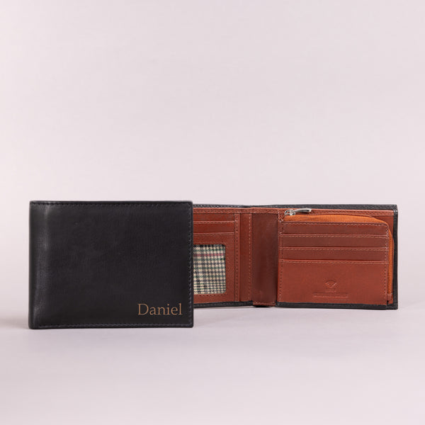 Personalised Engraved Black & Brown Bifold Leather Wallet With Zip Coin Pocket
