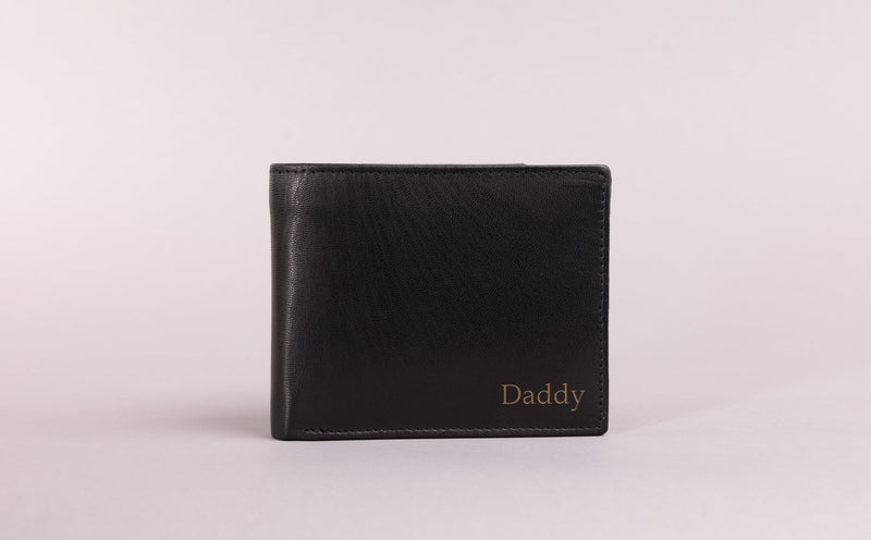 Personalised Engraved Black & Brown Bifold Leather Wallet With Coin Pocket