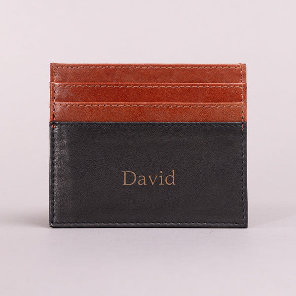 Personalised Engraved Black & Brown Leather Card Holder Wallet