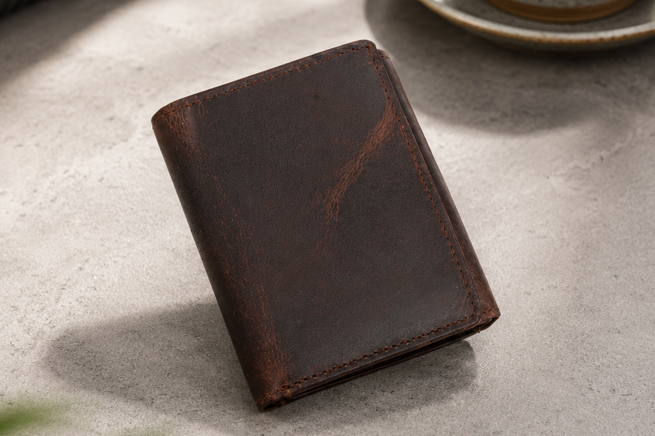 Personalised Dark Brown Leather Wallet – Trifold Design with RFID Protection