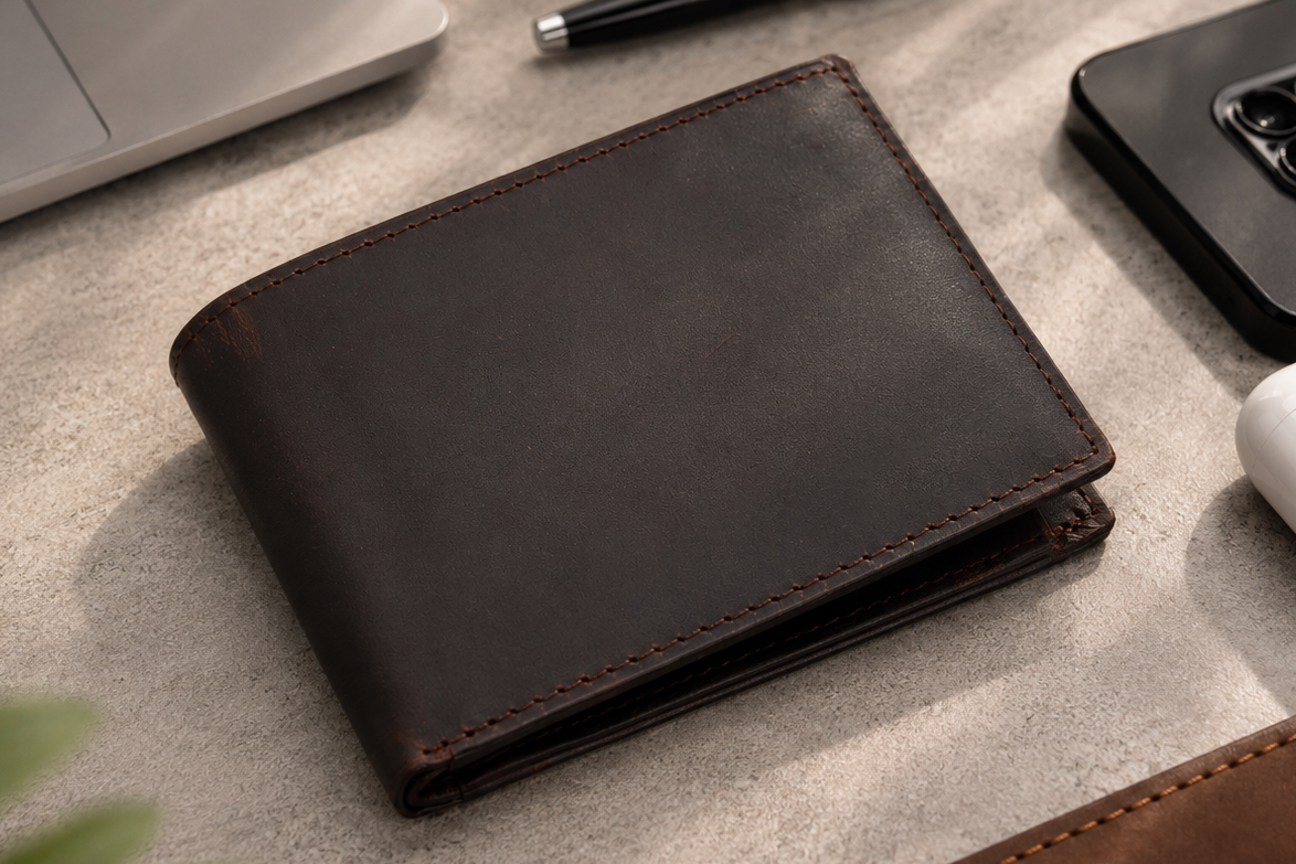 Personalised Dark Brown Leather Wallet – Bifold with Zip Coin Pocket & RFID Protection