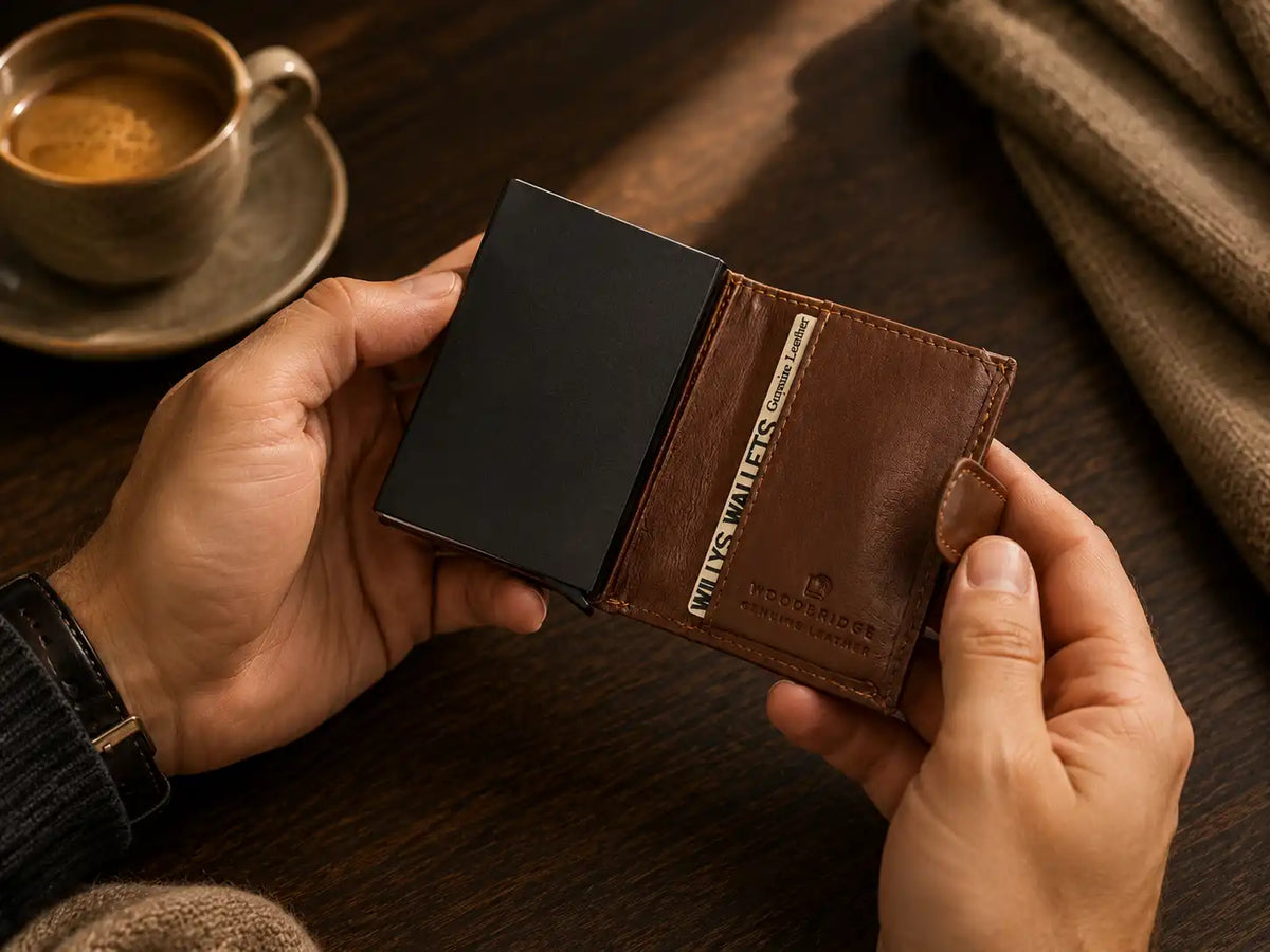 Personalised 6-Card Dark Tan Pop-Up Wallet – RFID Secure, Compact & Stylish