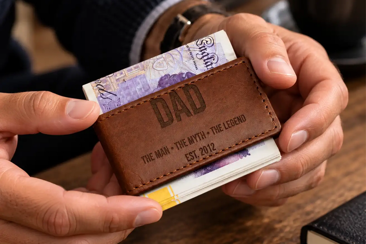 Cognac full-grain leather wallet with magnetic clip for folded banknotes