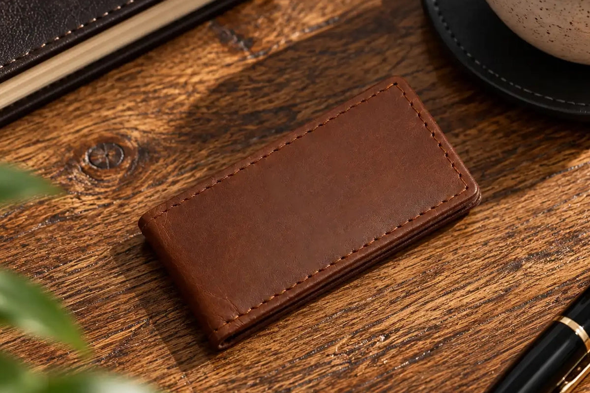 Personalised Cognac Leather Money Clip Wallet for Men | Magnetic