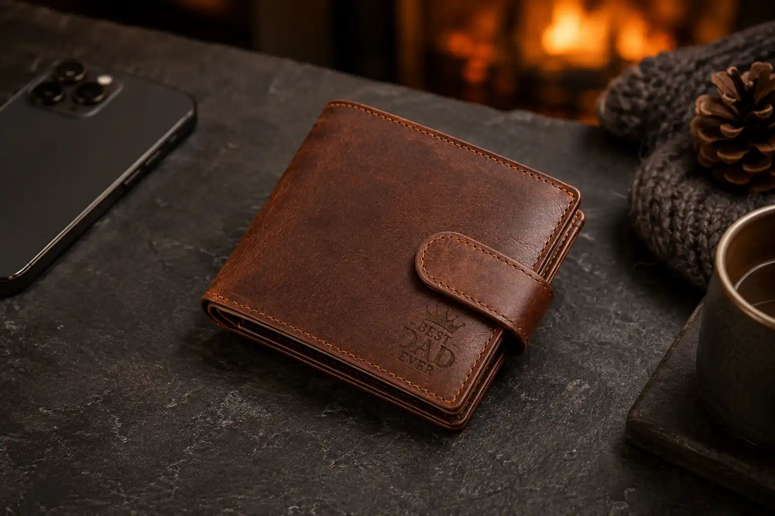 Personalised Cognac Leather Wallet – Bifold with Coin Pocket & RFID Card Slots
