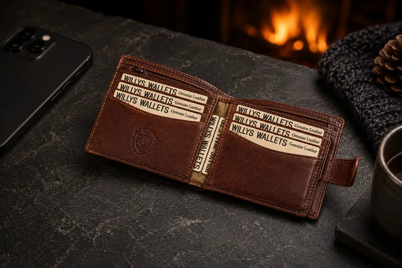 Personalised Cognac Leather Wallet – Bifold with Coin Pocket & RFID Card Slots