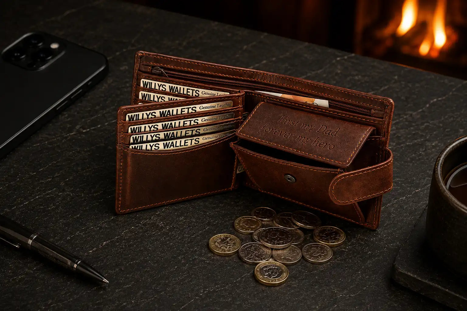 Personalised Cognac Leather Wallet – Bifold with Coin Pocket & RFID Card Slots