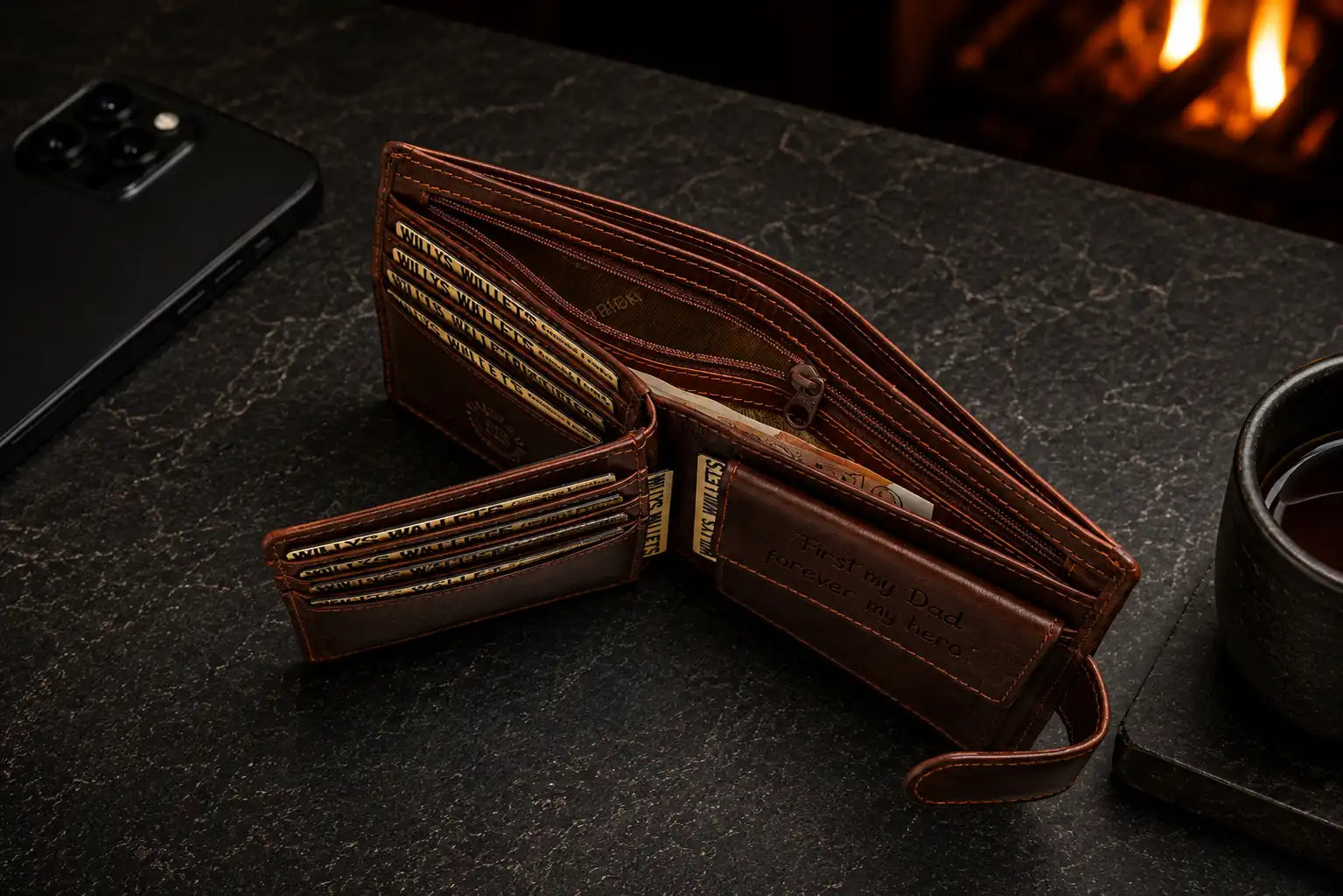 Personalised Cognac Leather Wallet – Bifold with Coin Pocket & RFID Card Slots