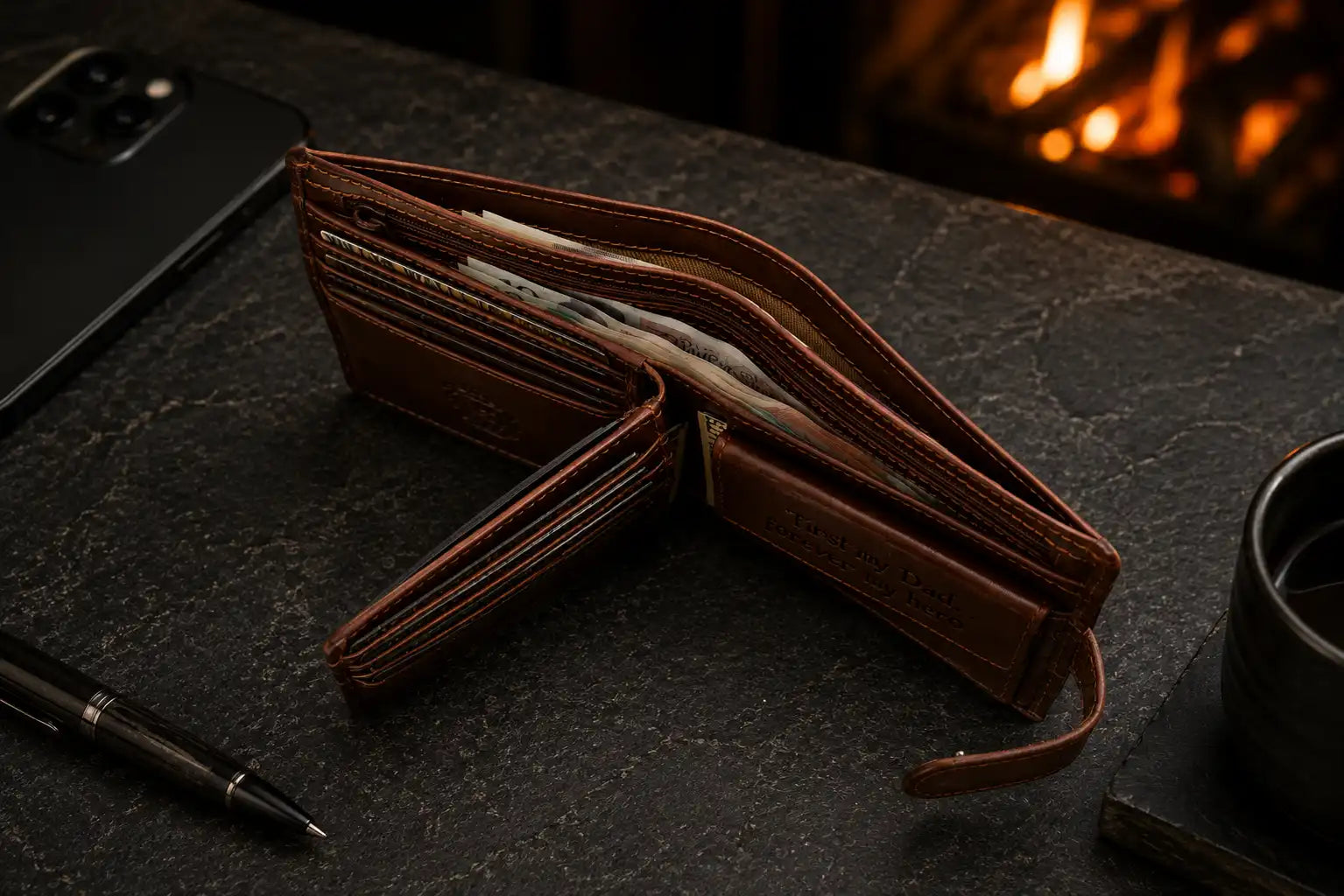 Personalised Cognac Leather Wallet – Bifold with Coin Pocket & RFID Card Slots